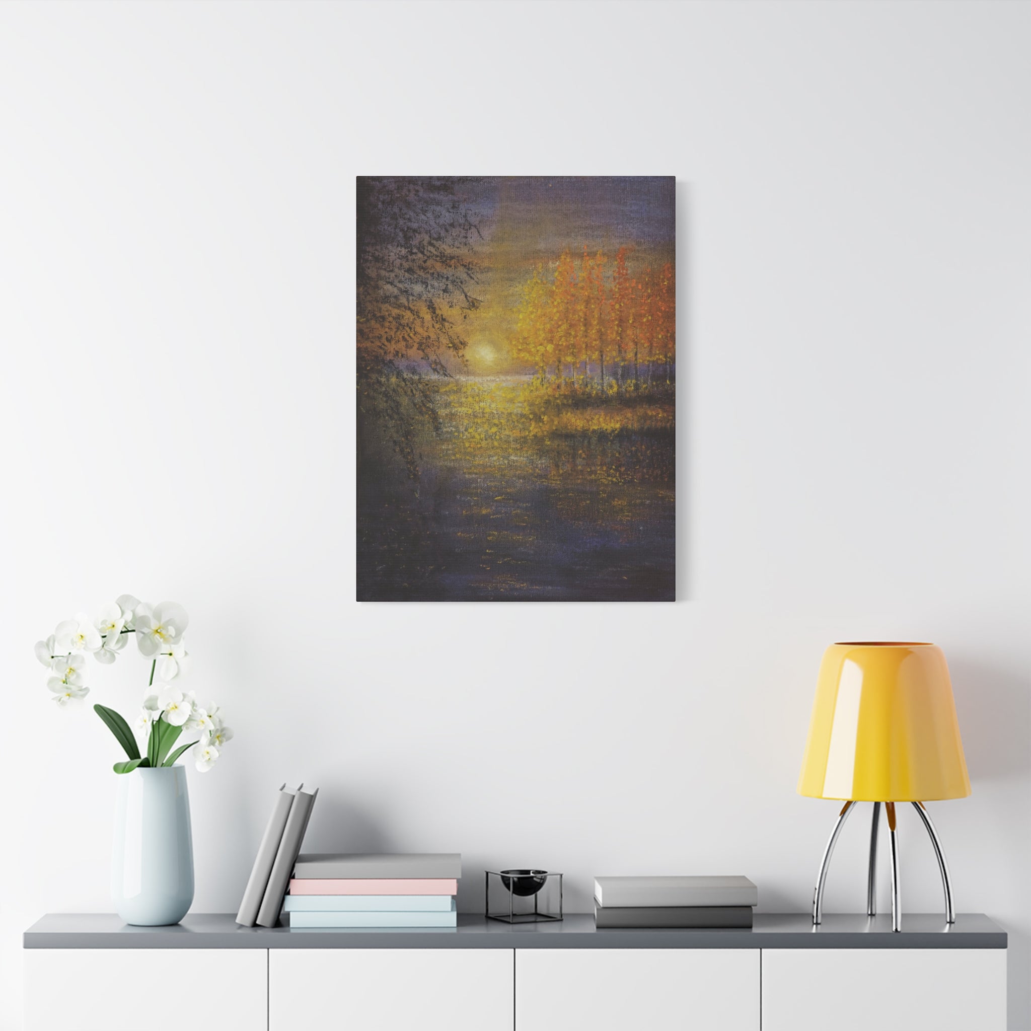 Autumn Sunset Canvas Wall Art — Golden Trees Over Tranquil Lake