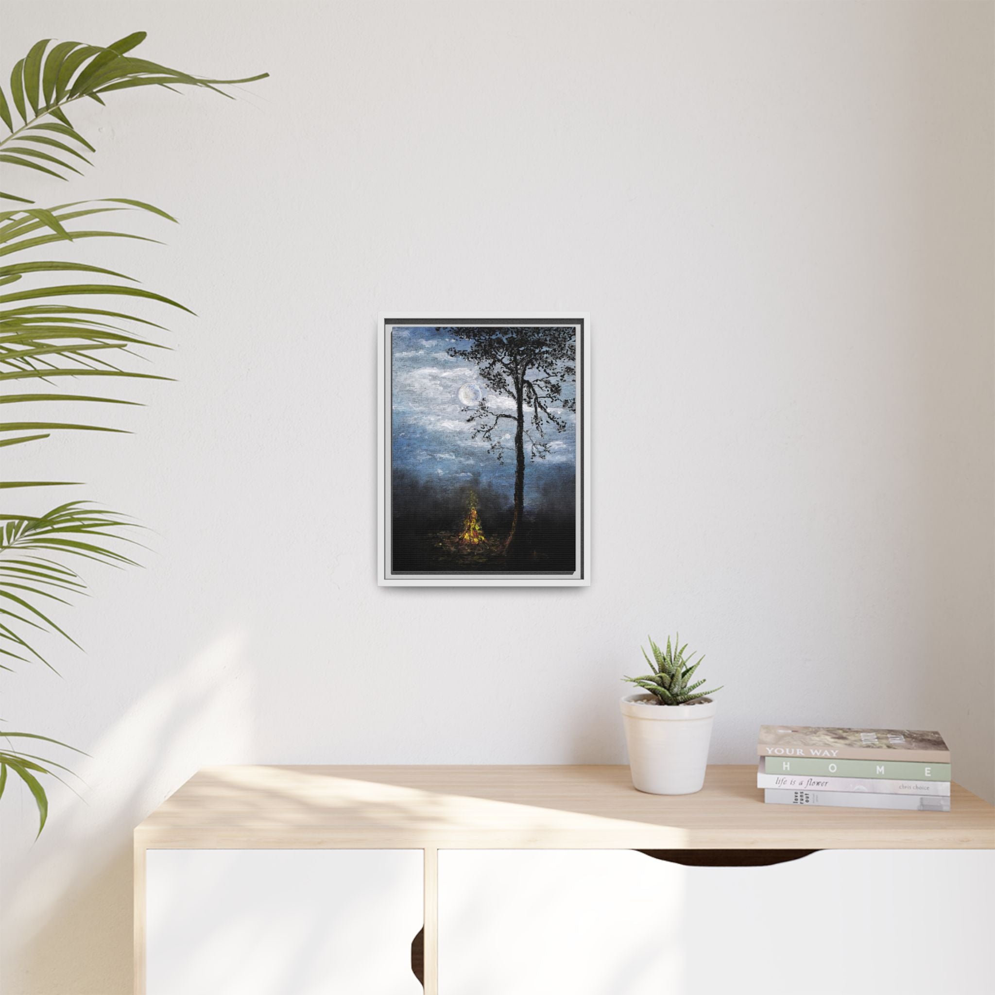 Framed Matte Canvas Print — Moonlit Campfire Landscape