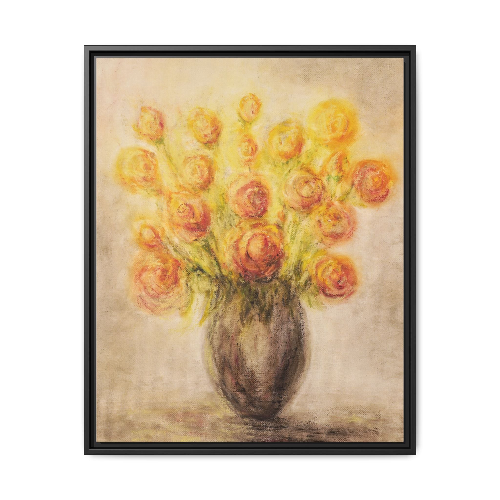 Framed Matte Canvas Floral Bouquet Wall Art — Yellow Rose Vase Print