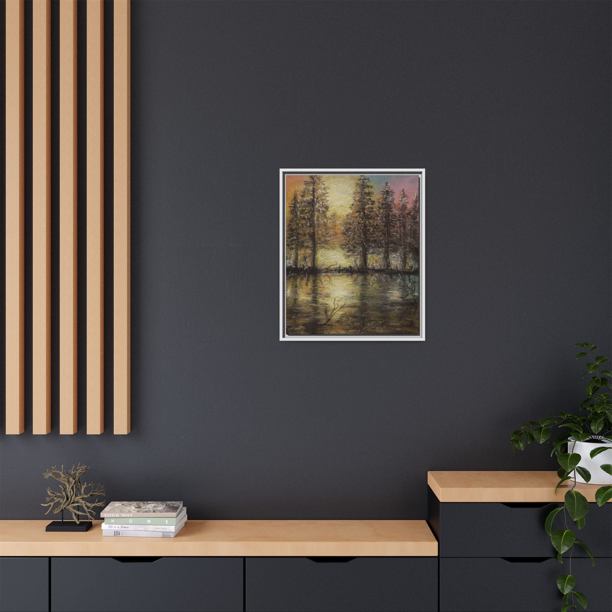 Framed Matte Canvas Wall Art — Sunset Forest Reflection