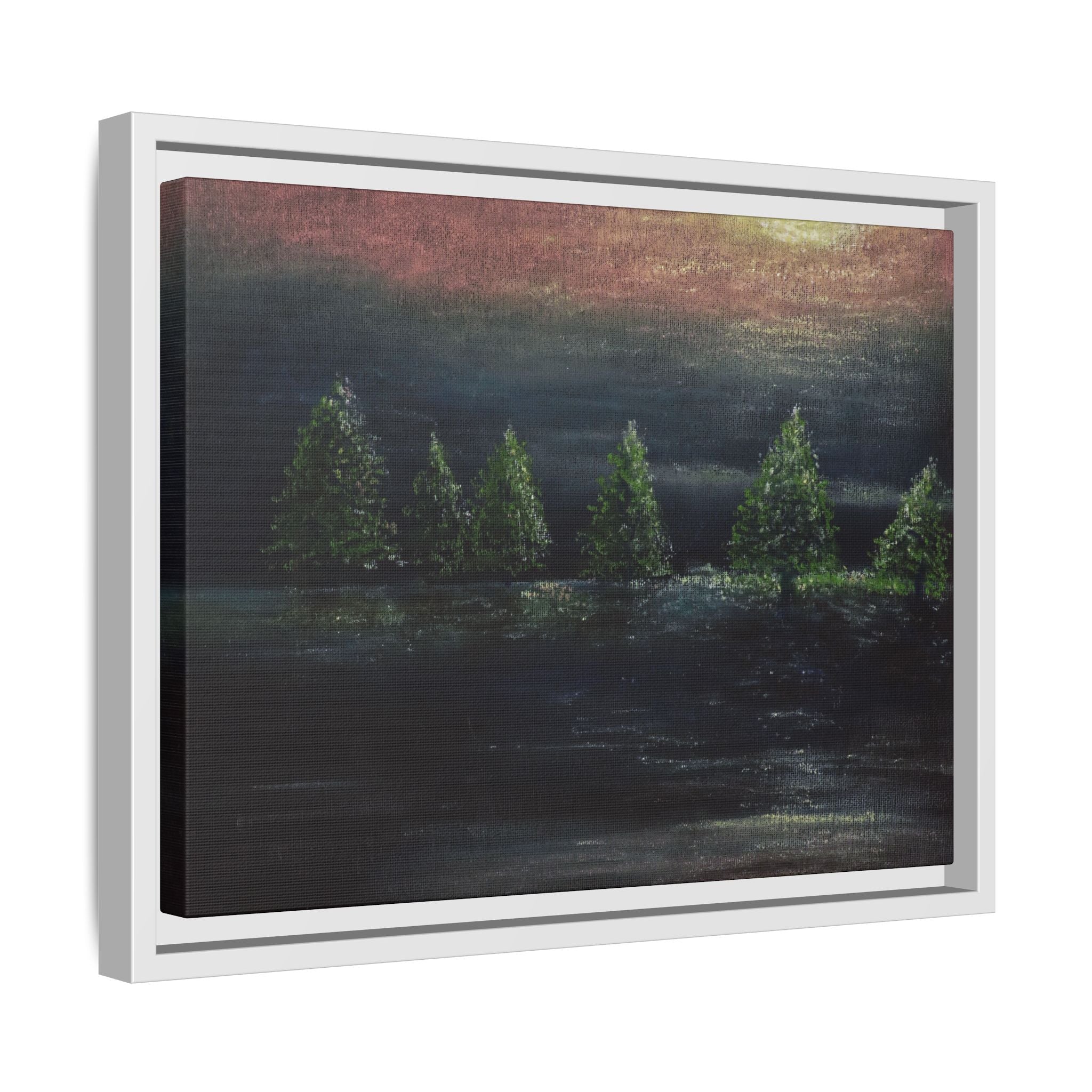 Framed Matte Canvas Wall Art — Moonlit Pine Trees Landscape