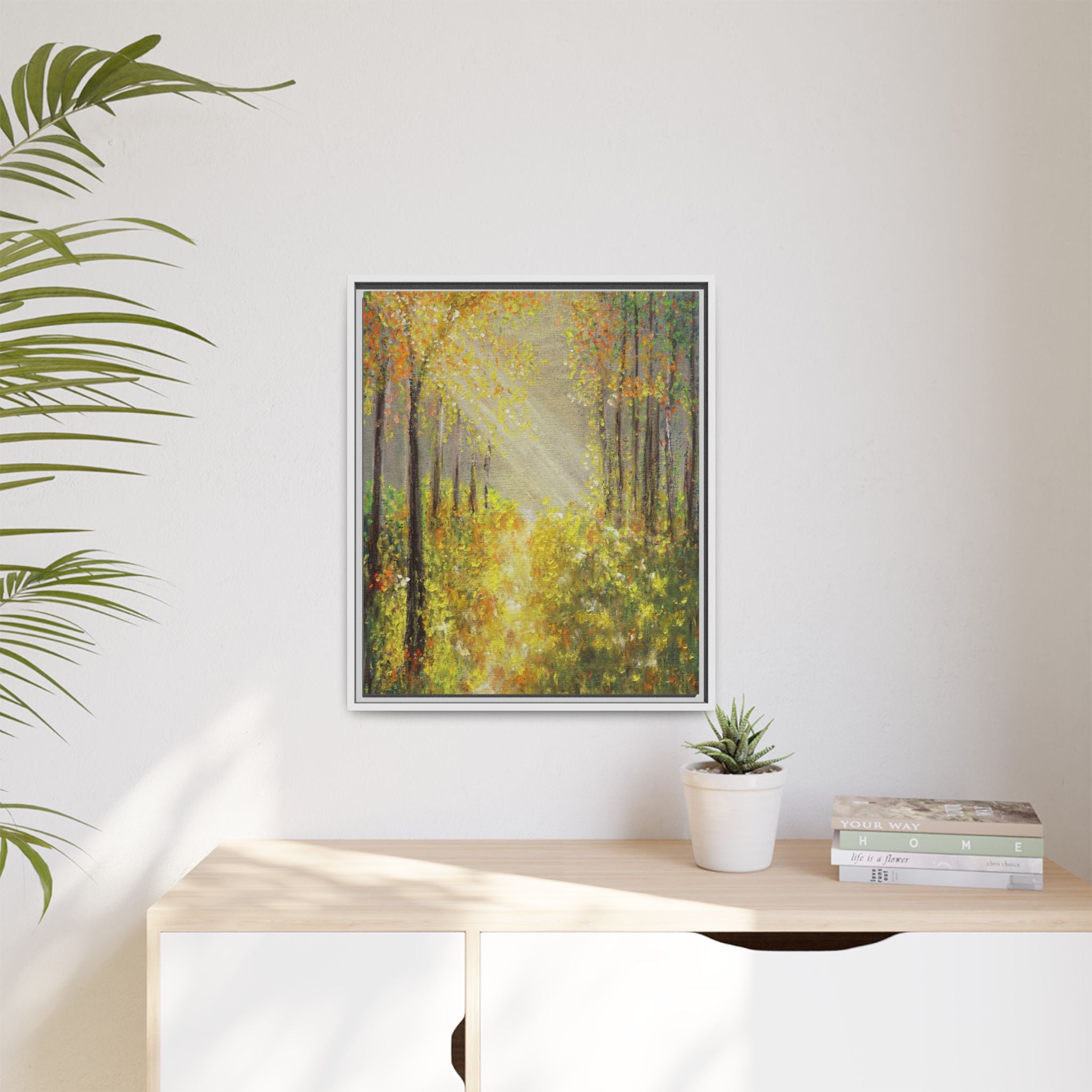Sunlit Forest Path Framed Canvas Art — Autumn Woodland Wall Decor