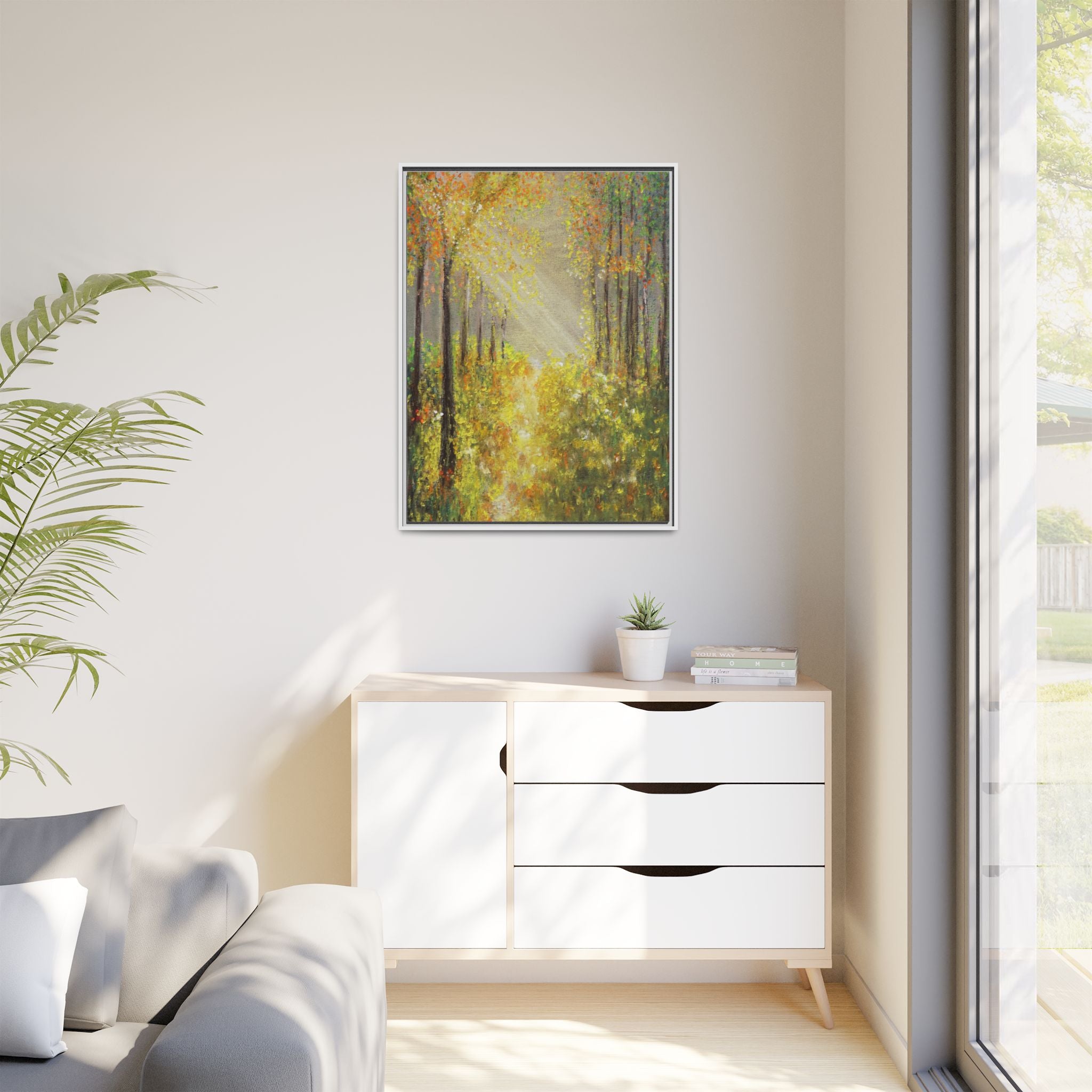 Sunlit Forest Path Framed Canvas Art — Autumn Woodland Wall Decor