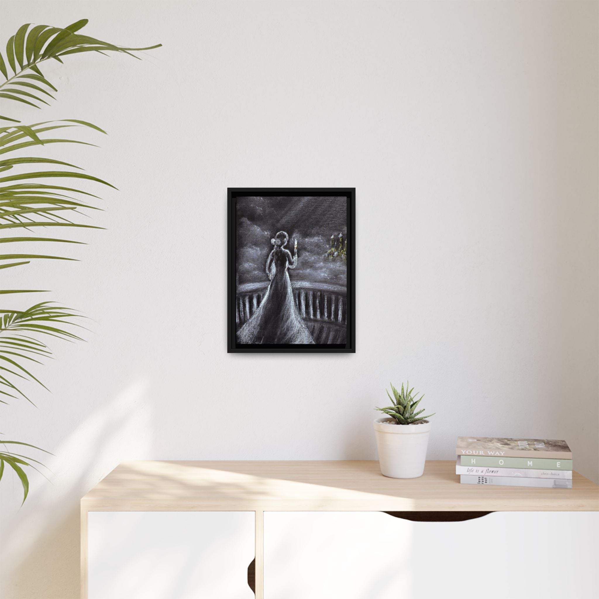 Framed Matte Canvas — Moonlit Lady on Balcony