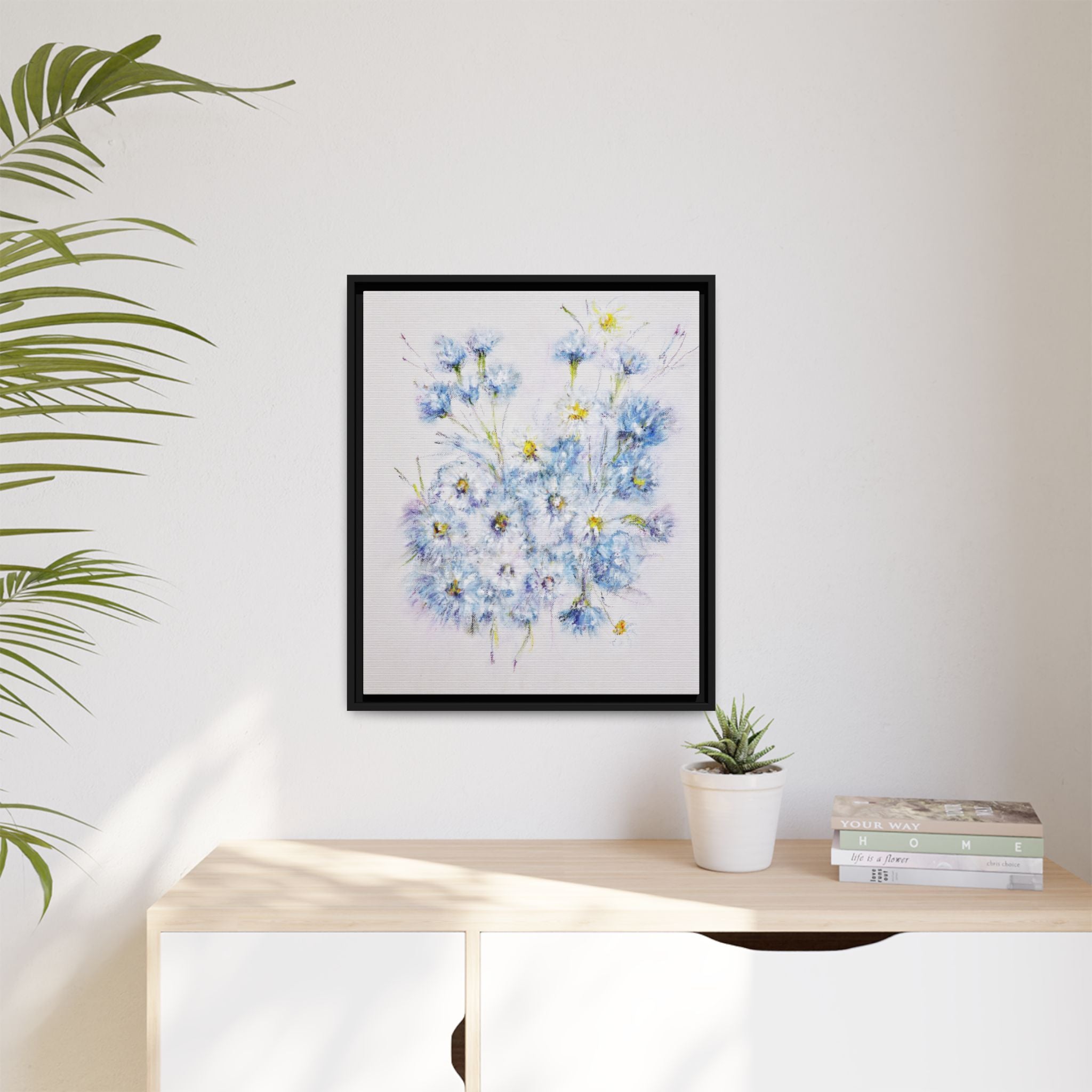 Blue Wildflower Watercolor Canvas Print — Framed Matte Wall Art