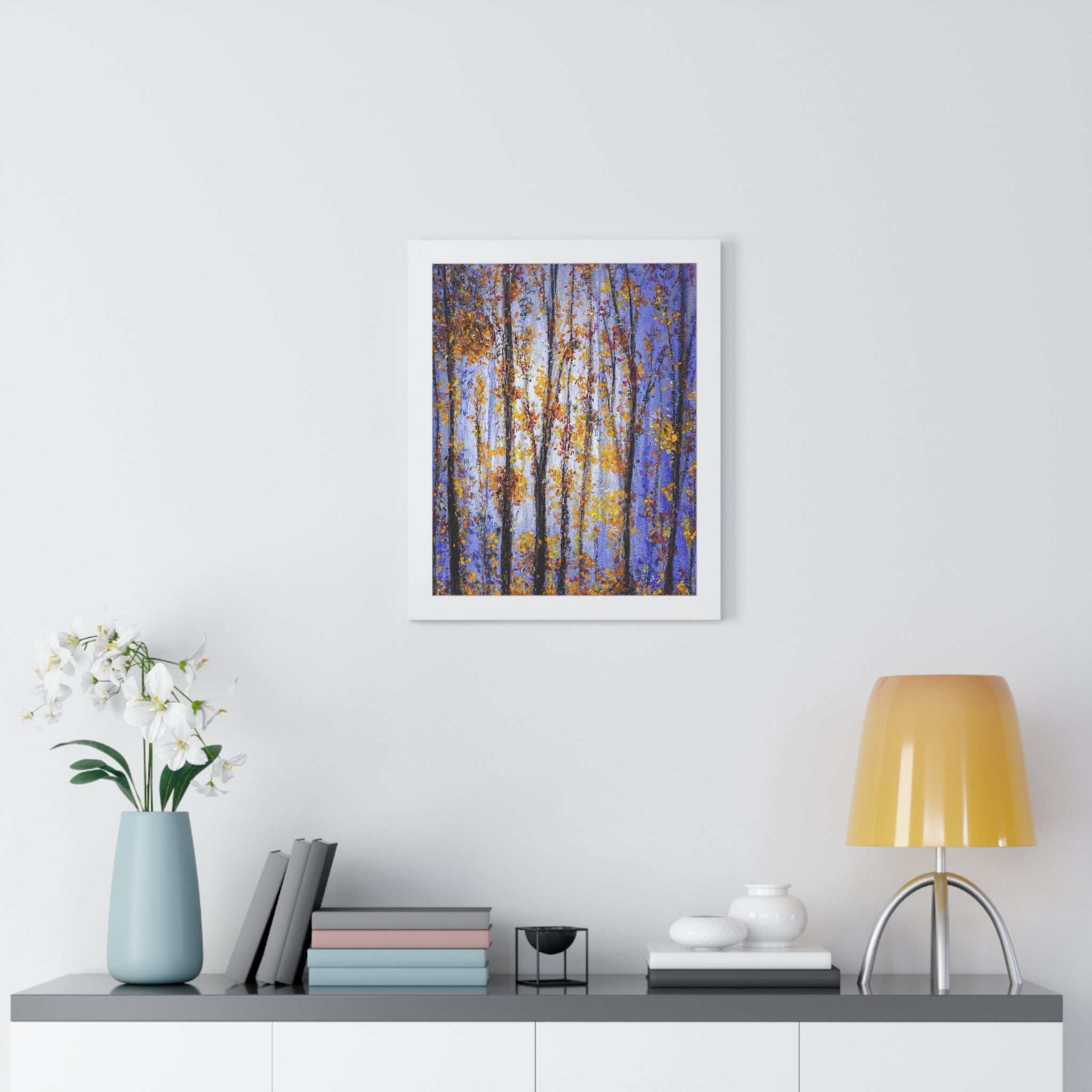 Autumn Birch Forest Framed Vertical Poster — Fall Trees Wall Art