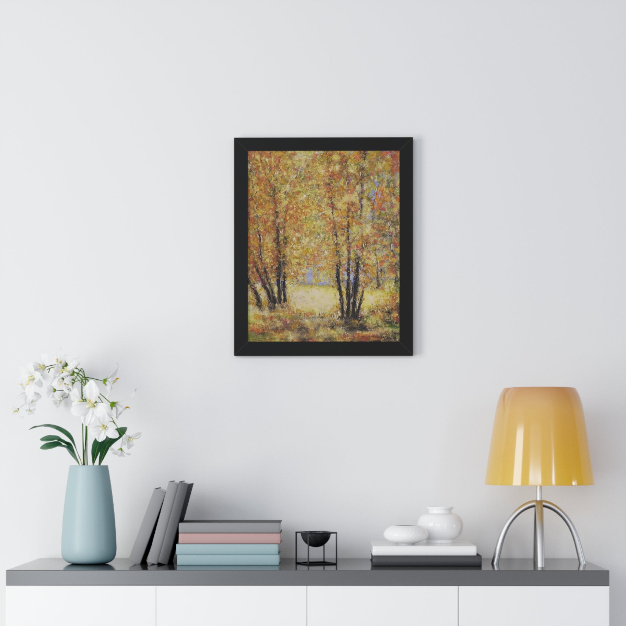 Autumn Grove Framed Poster — Vertical Fall Landscape Wall Art