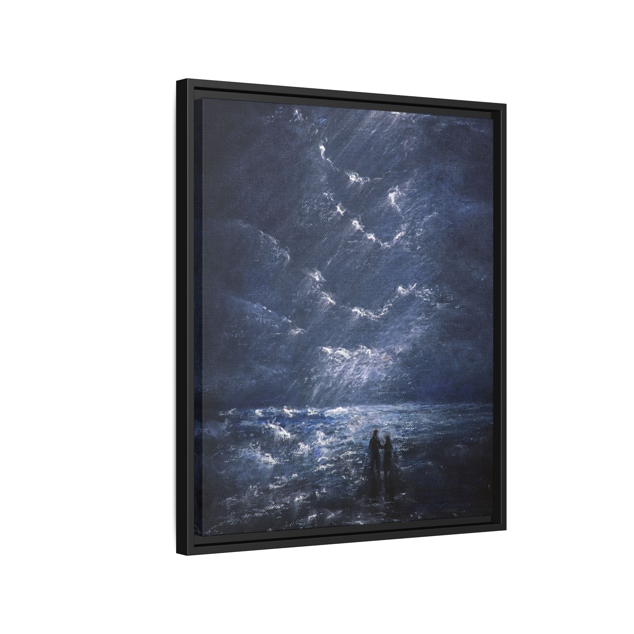 Couple on Shore at Night - Framed Canvas Art