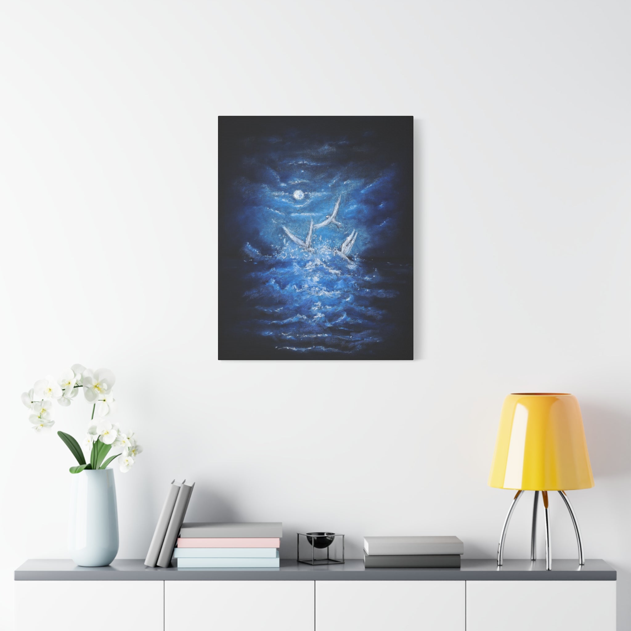 Moonlit White Birds Matte Stretched Canvas – Serene Ocean Wall Art