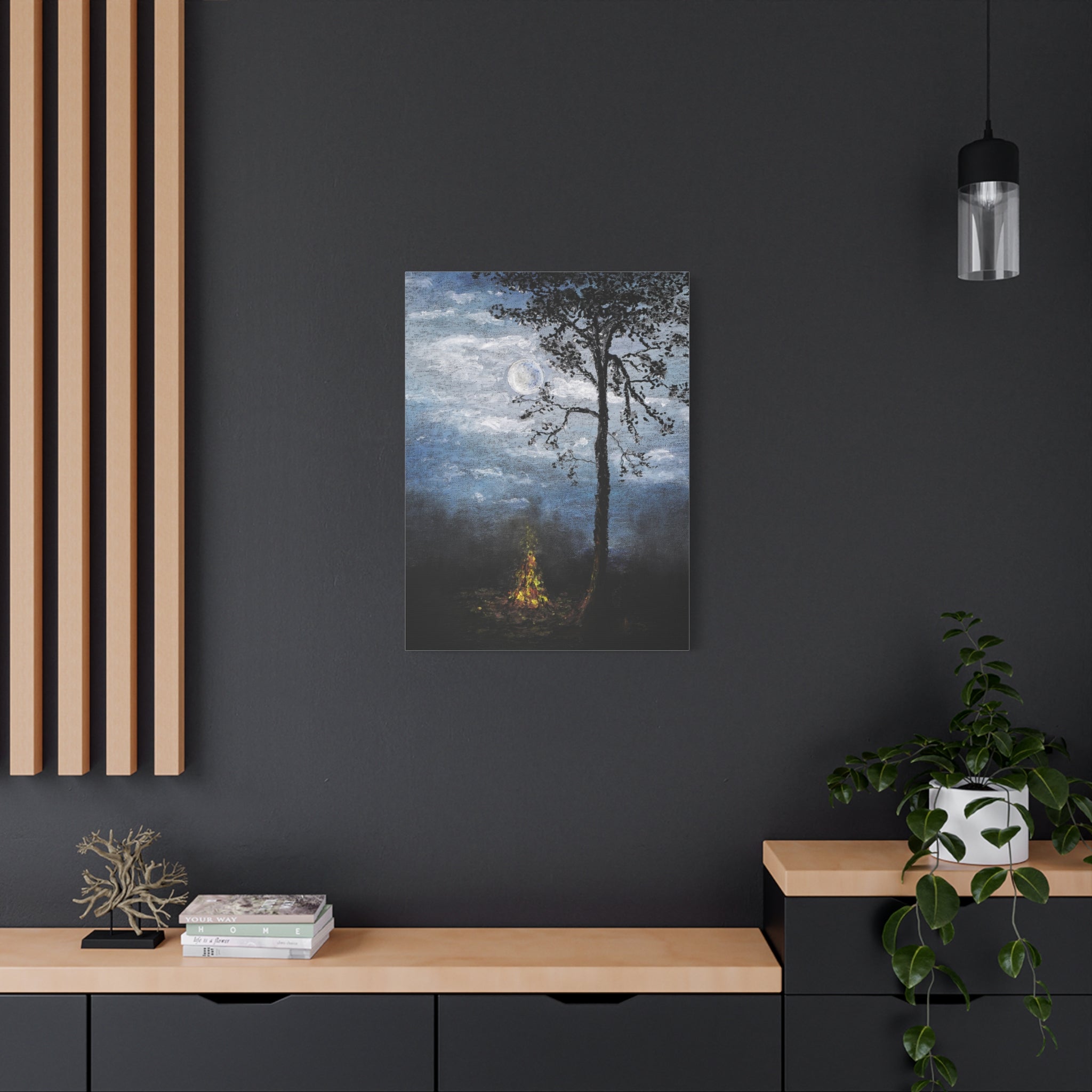 Moonlit Campfire Matte Canvas Wall Art — Night Forest Landscape