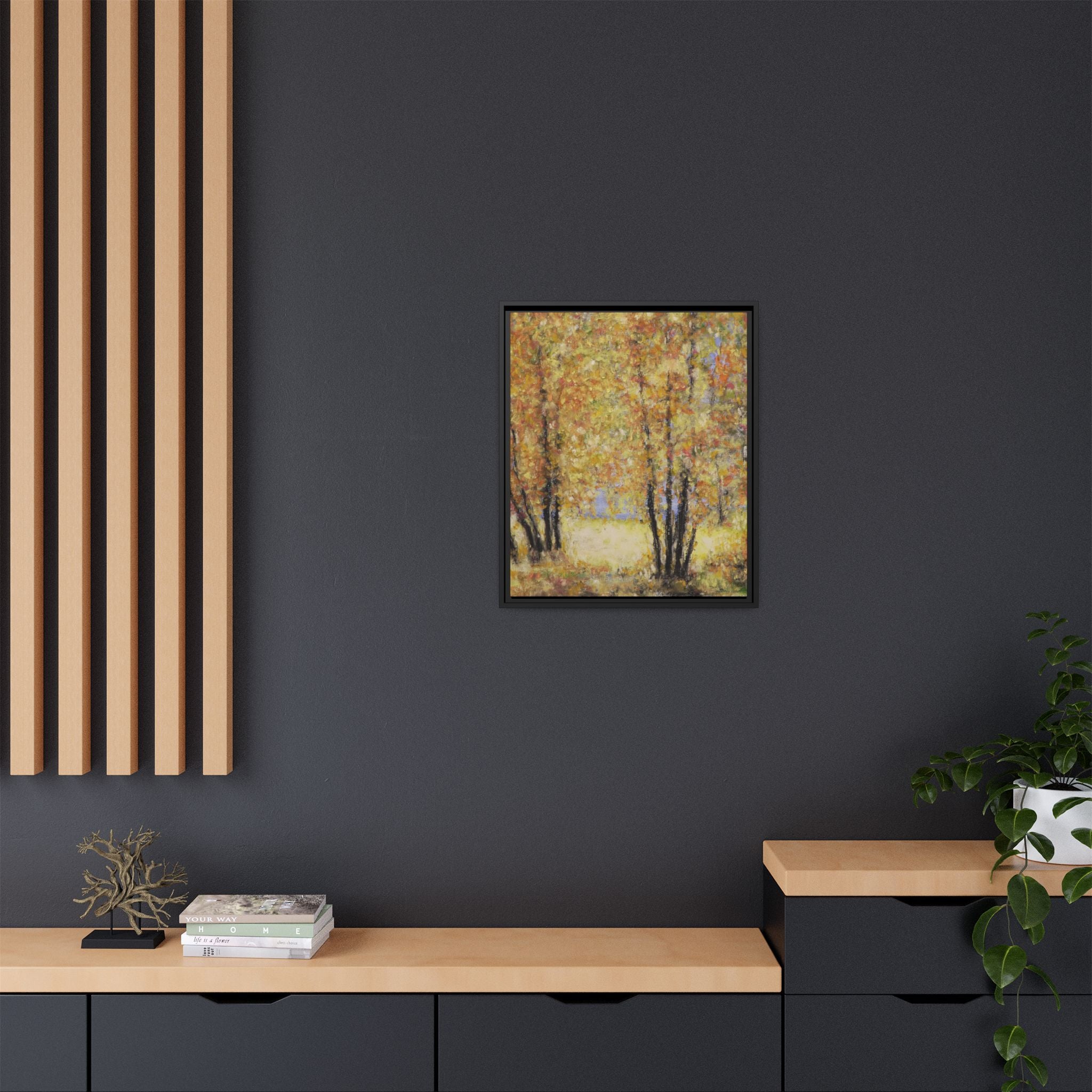 Framed Matte Canvas Autumn Forest Wall Art — Golden Trees Landscape Print