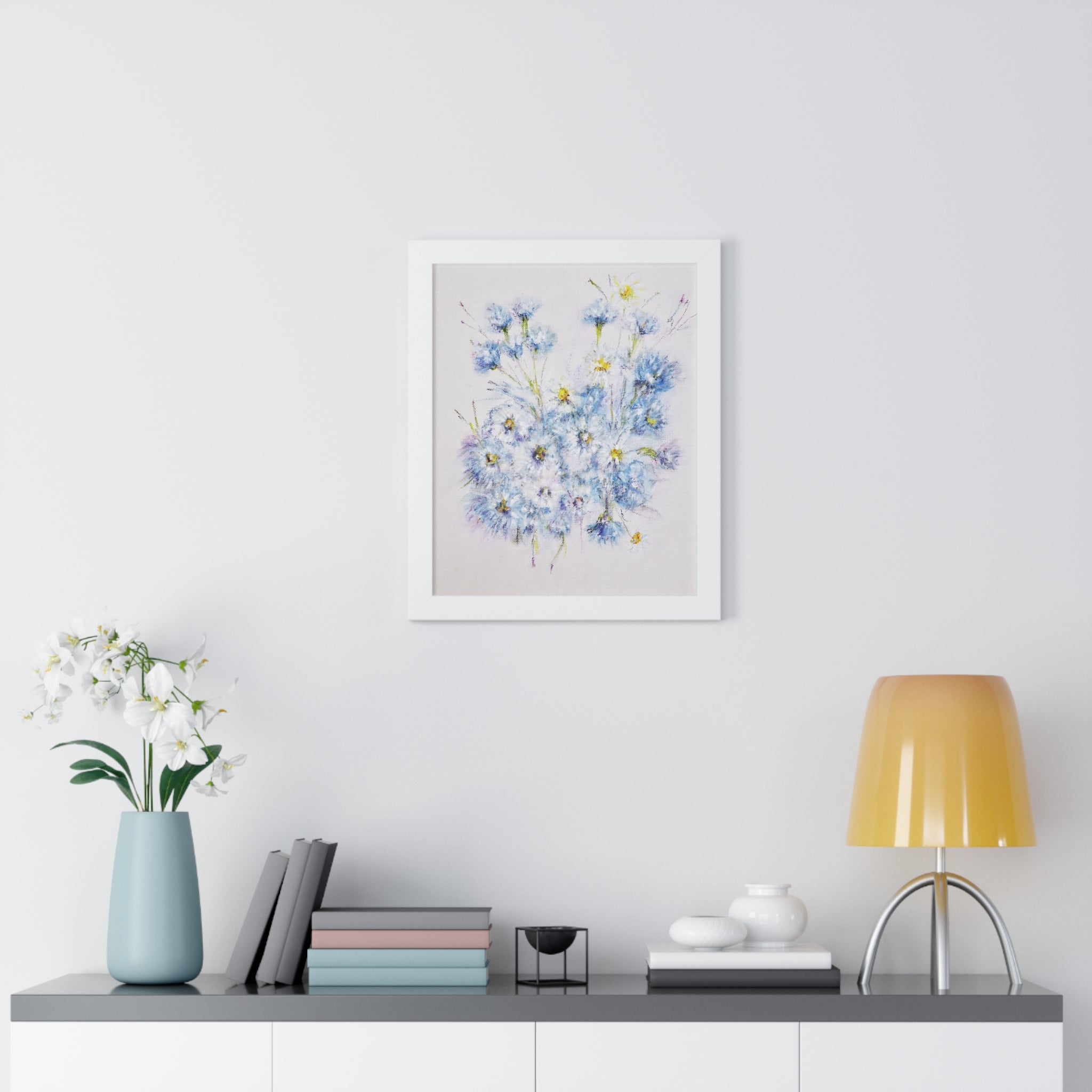 Framed Floral Poster — Blue Wildflower Art Print (Vertical)