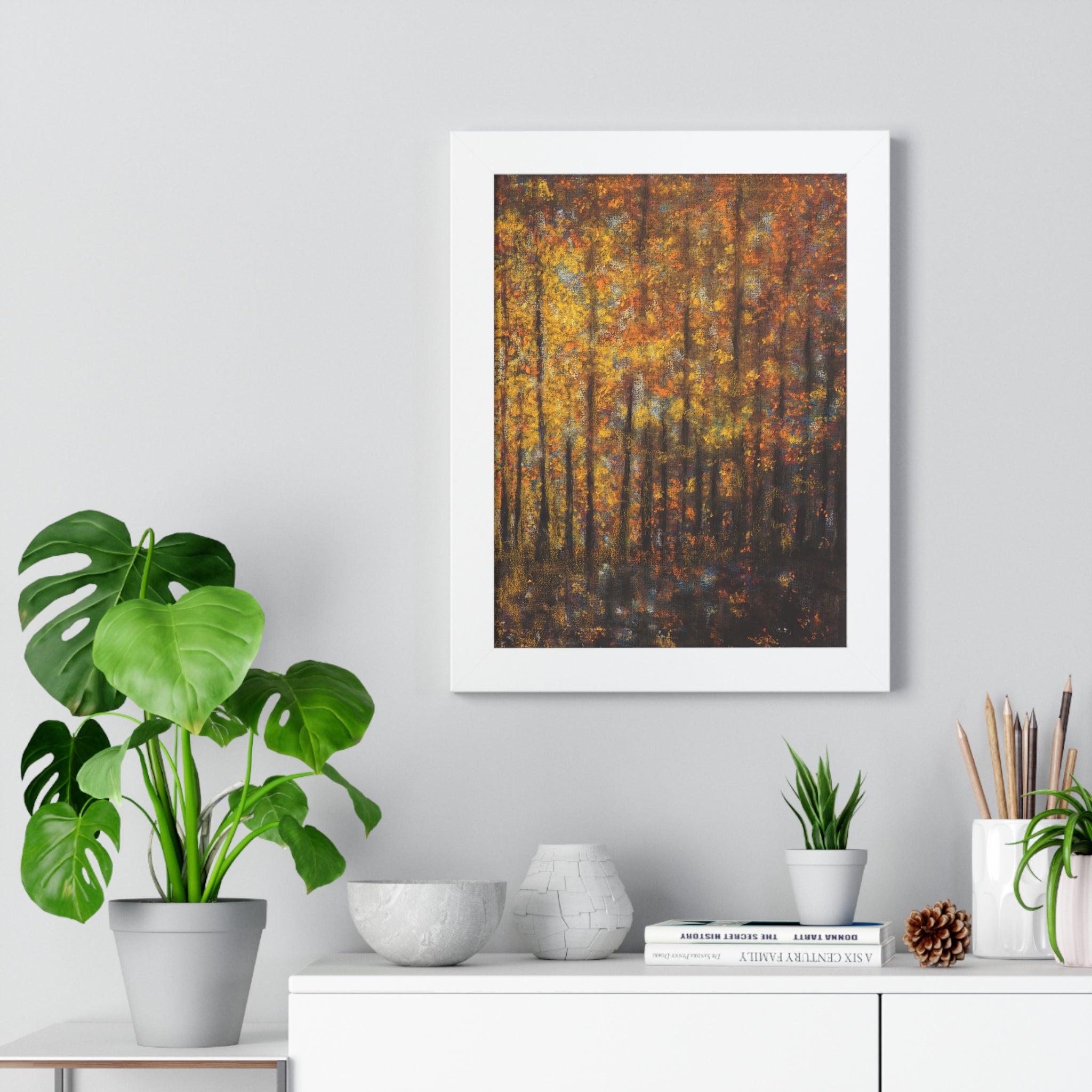 Autumn Forest Framed Poster — Vertical Fall Trees Wall Art