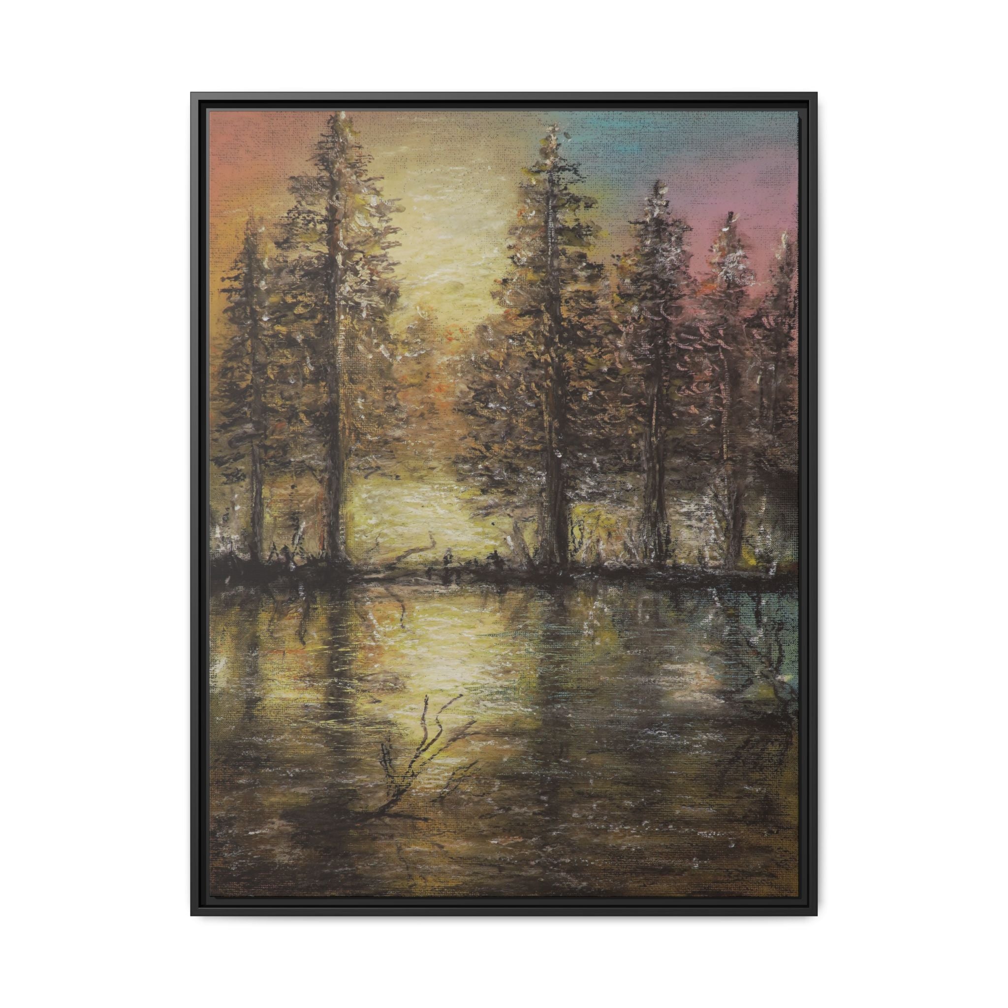 Framed Matte Canvas Wall Art — Sunset Forest Reflection