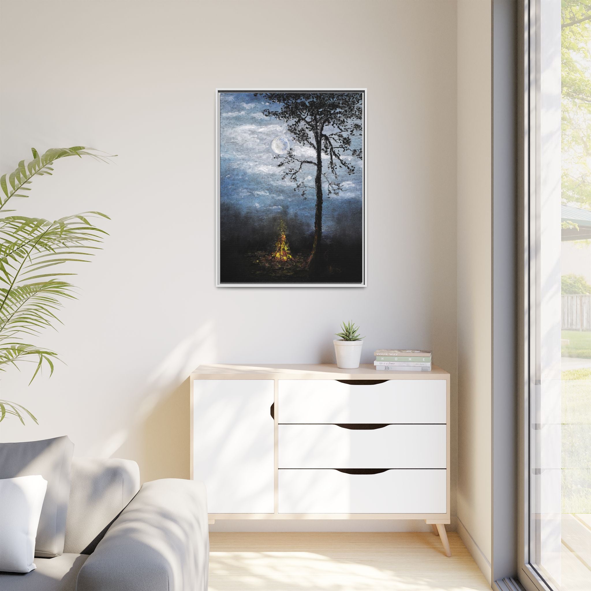 Framed Matte Canvas Print — Moonlit Campfire Landscape