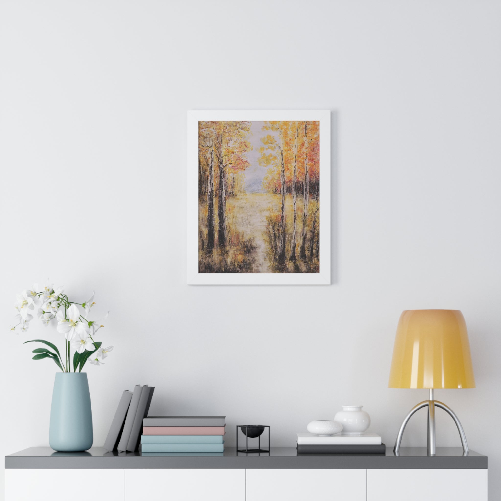 Autumn Grove Framed Poster — Vertical Fall Forest Wall Art