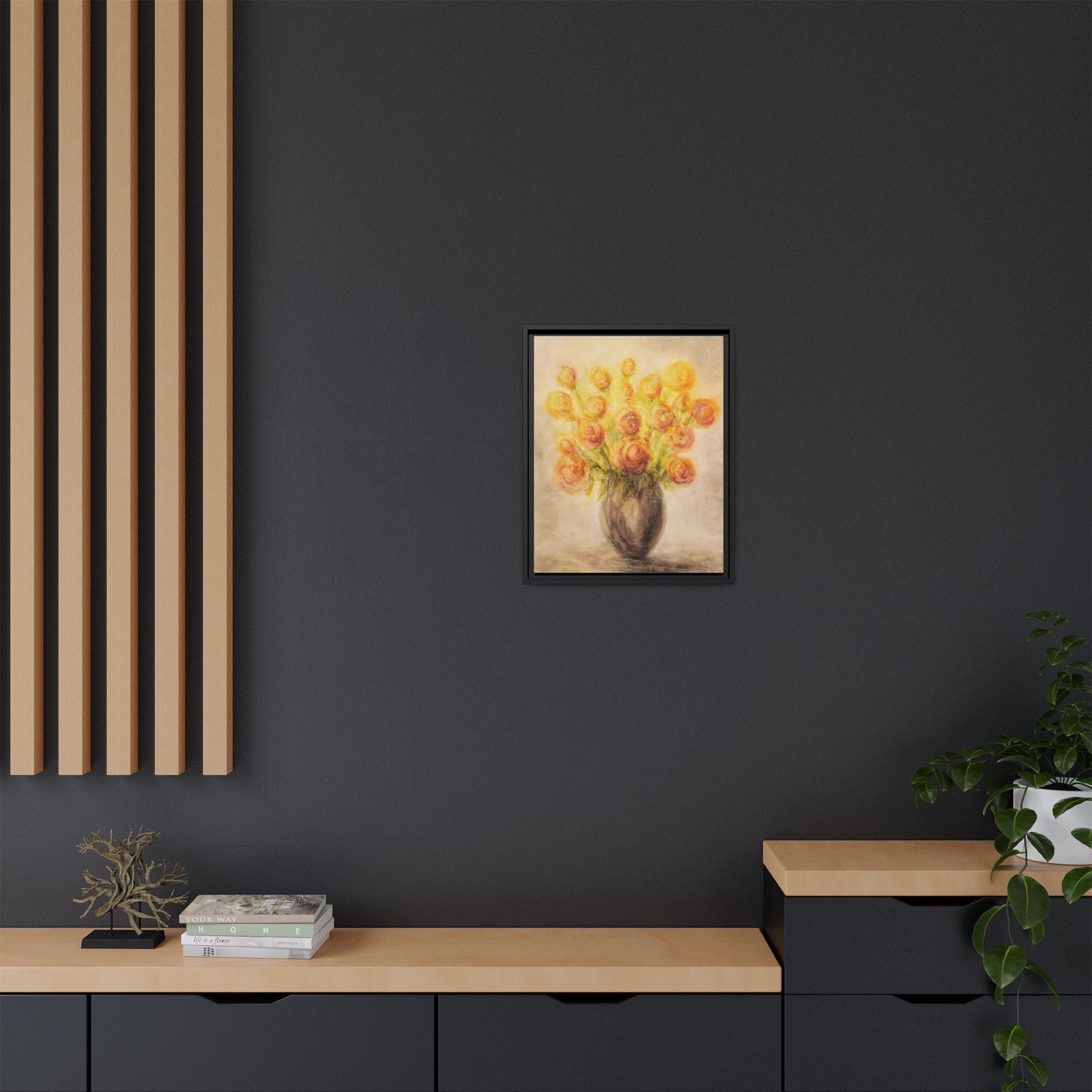 Framed Matte Canvas Floral Bouquet Wall Art — Yellow Rose Vase Print