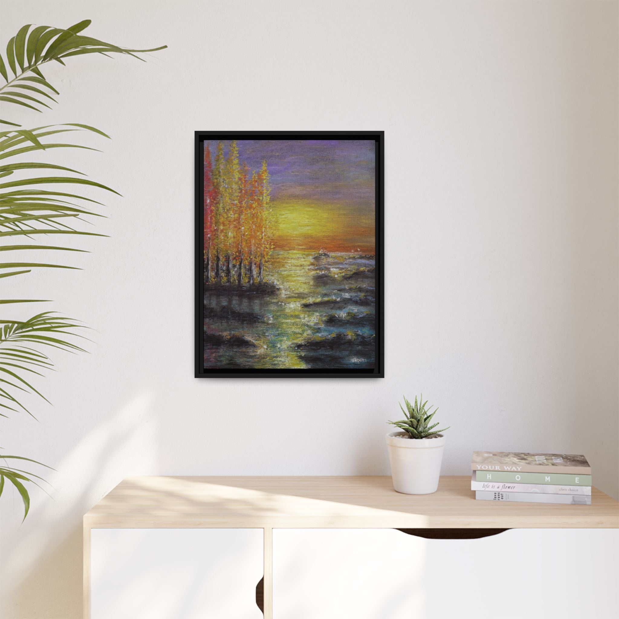 Tranquil Sunset Lake - Framed Matte Canvas Art Print