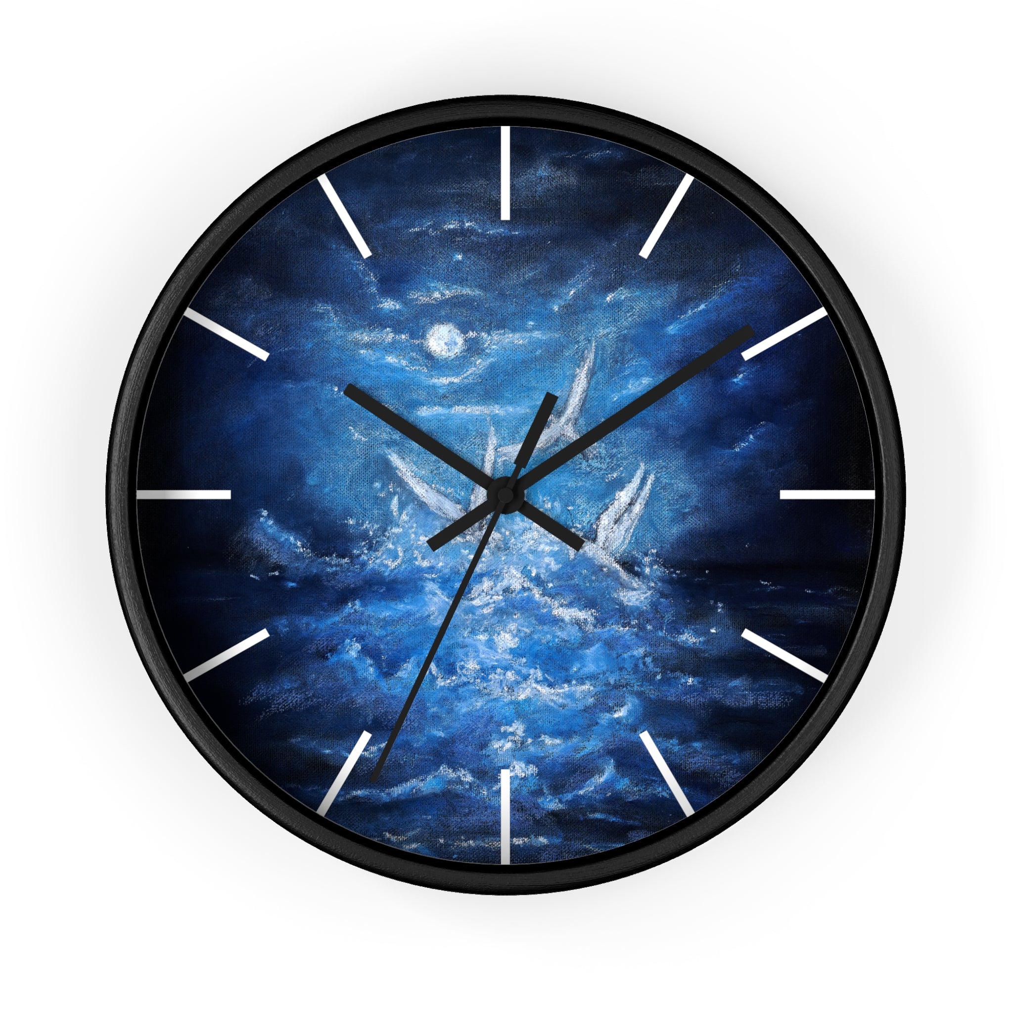 Blue Ocean Birds Wall Clock – Moonlit Sea White Birds Art