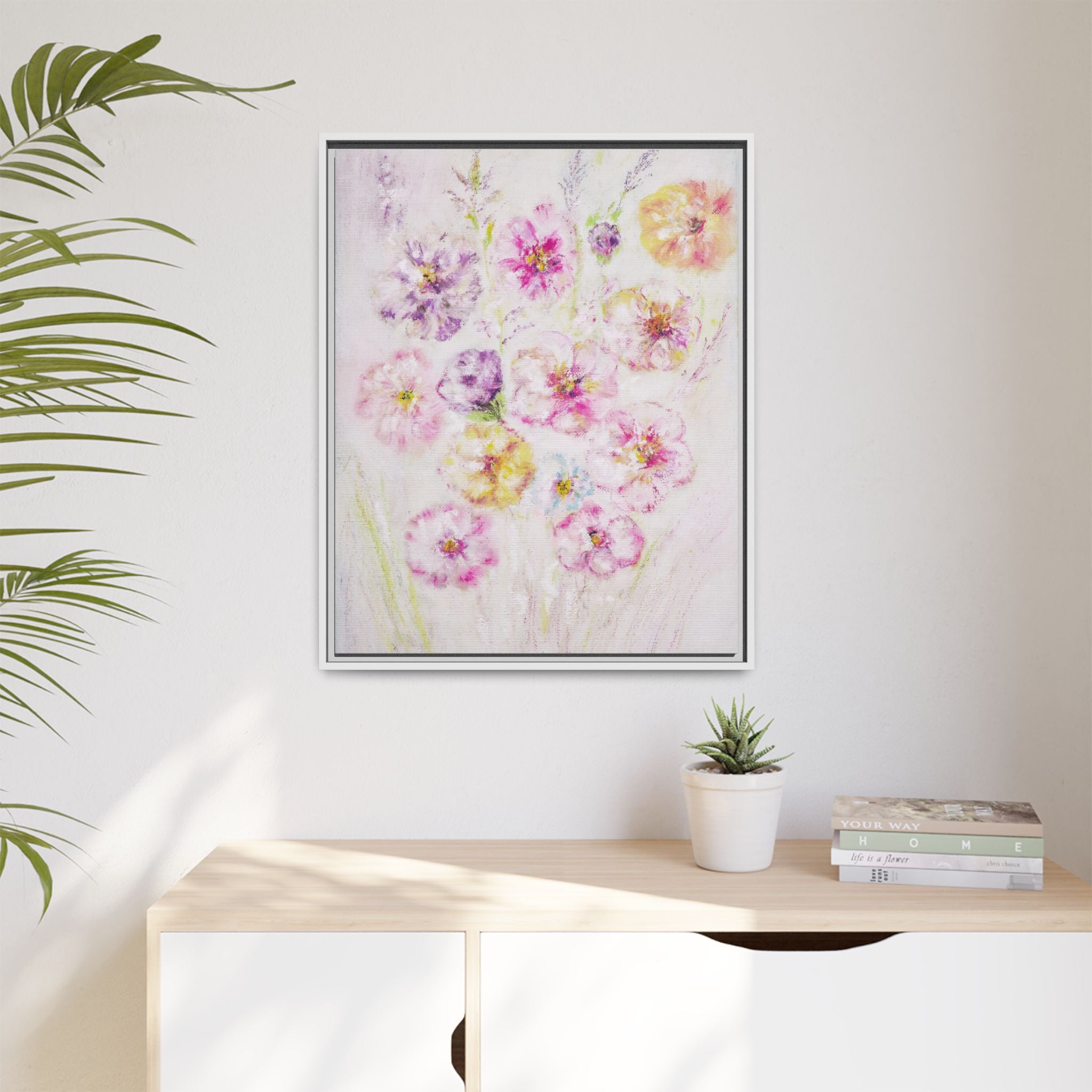 Framed Floral Canvas Print — Soft Pastel Bouquet Wall Art