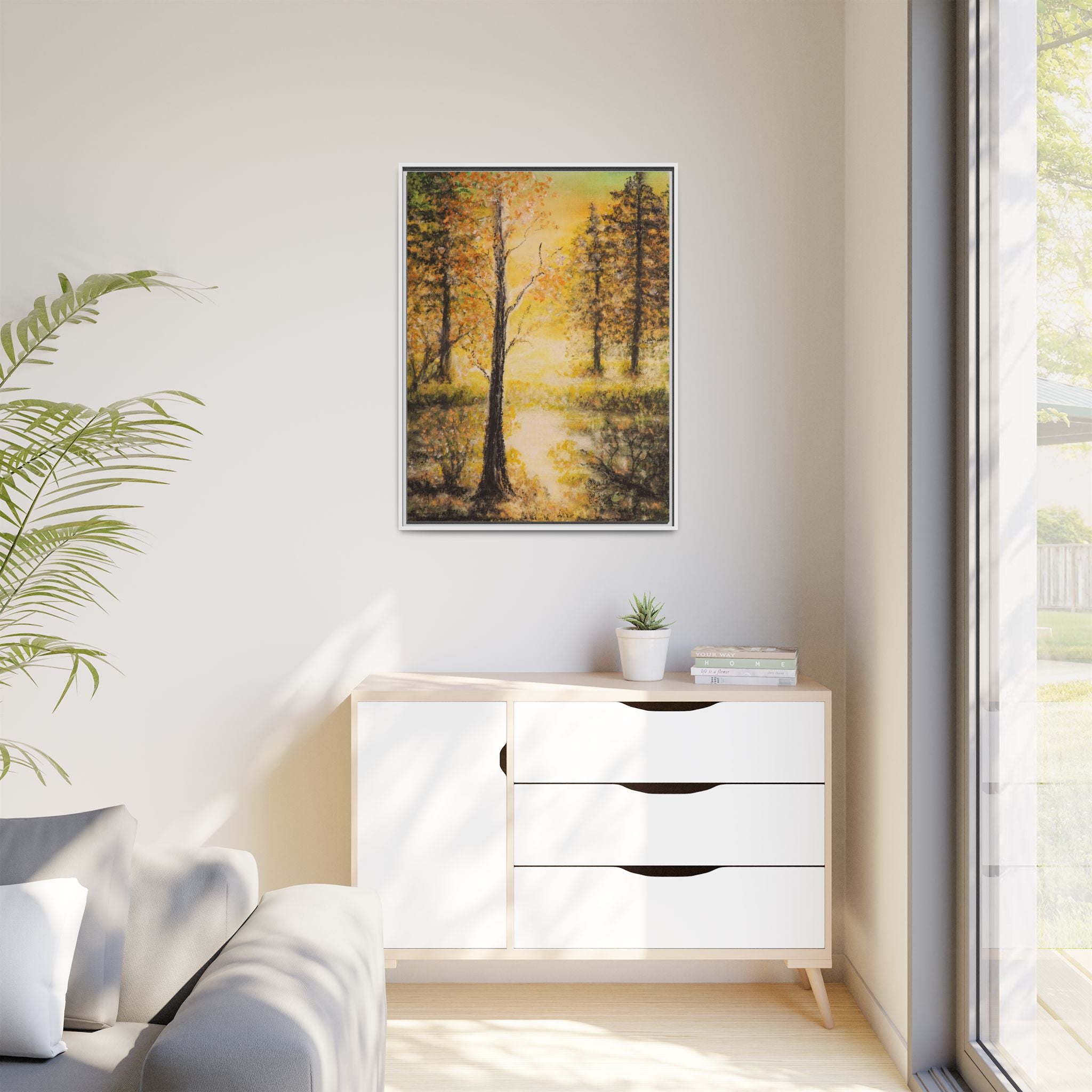 Framed Autumn Forest Canvas Print — Golden Lakeside Wall Art
