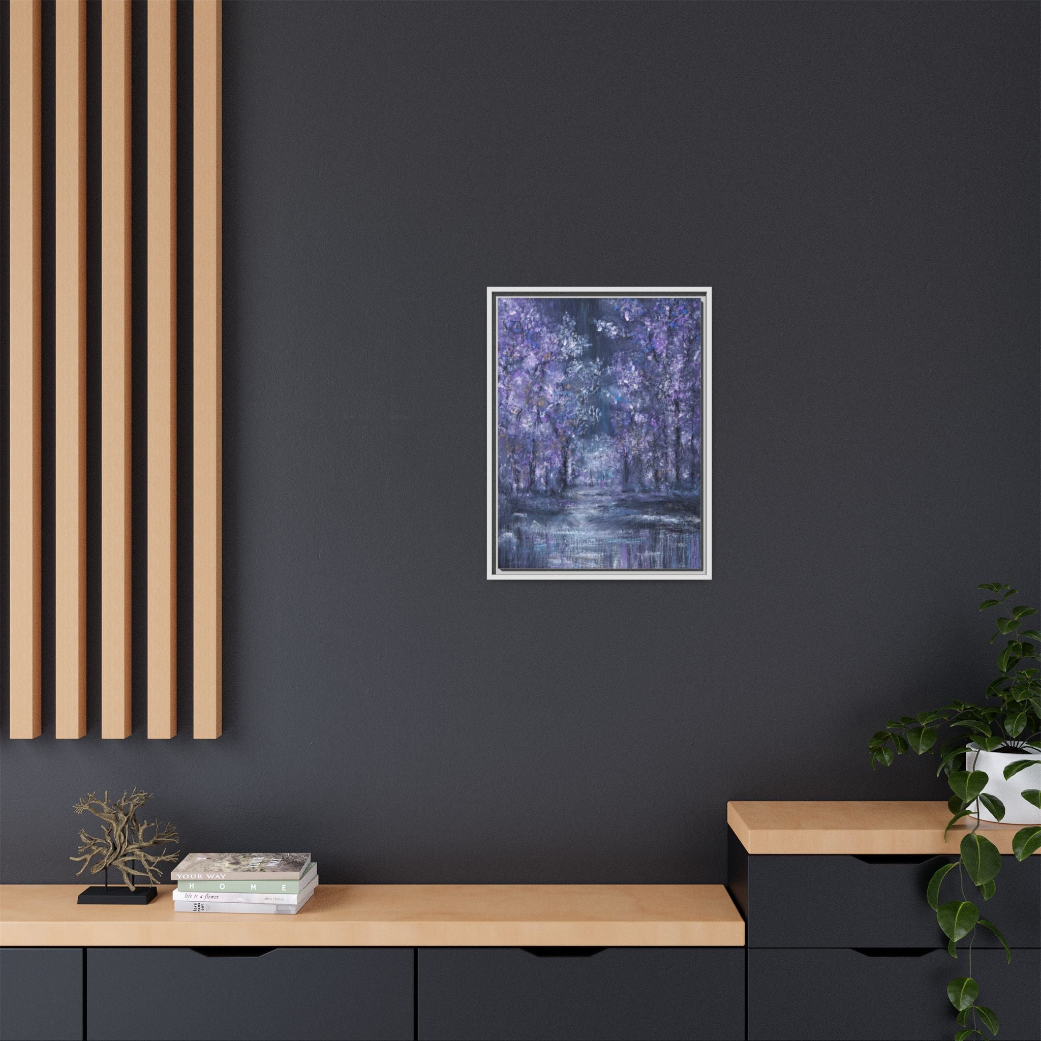 Framed Matte Canvas Art – Lavender Forest Moonlit Landscape