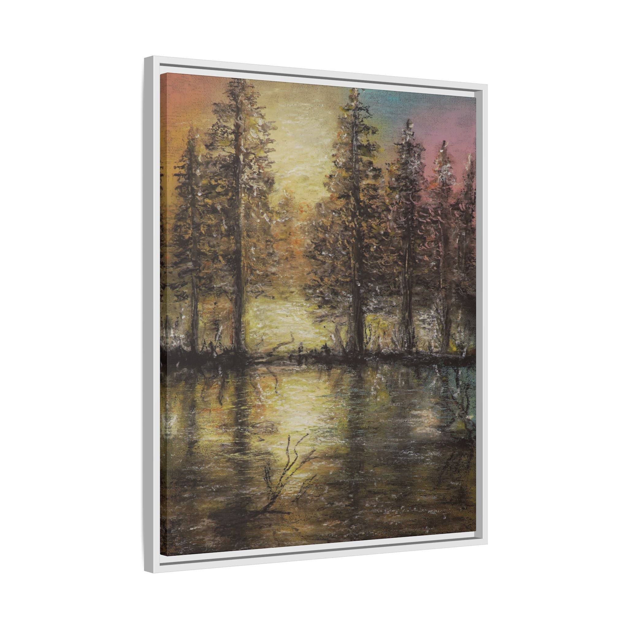 Framed Matte Canvas Wall Art — Sunset Forest Reflection