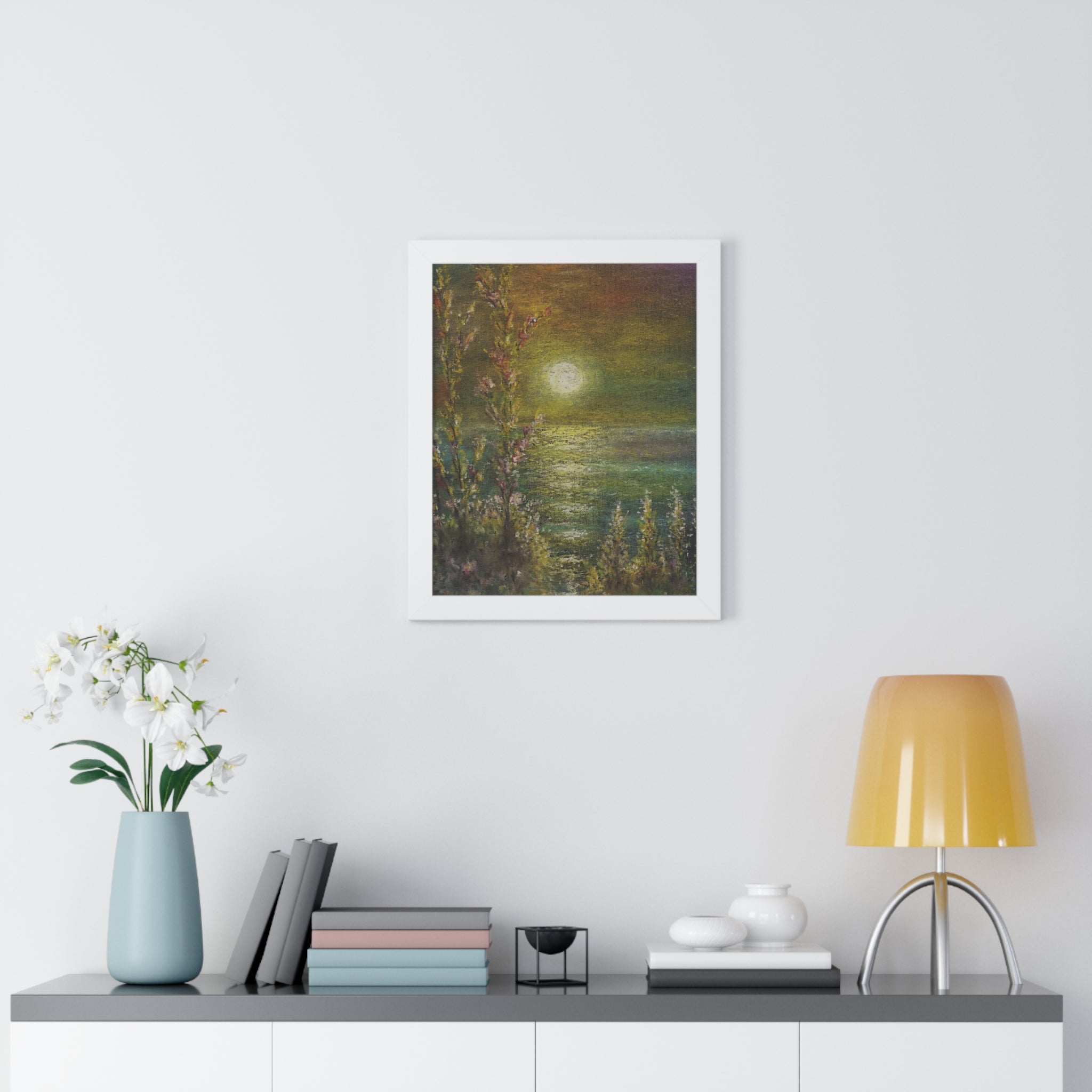 Moonlight Poster — Framed Vertical Moonlit Ocean Art Print