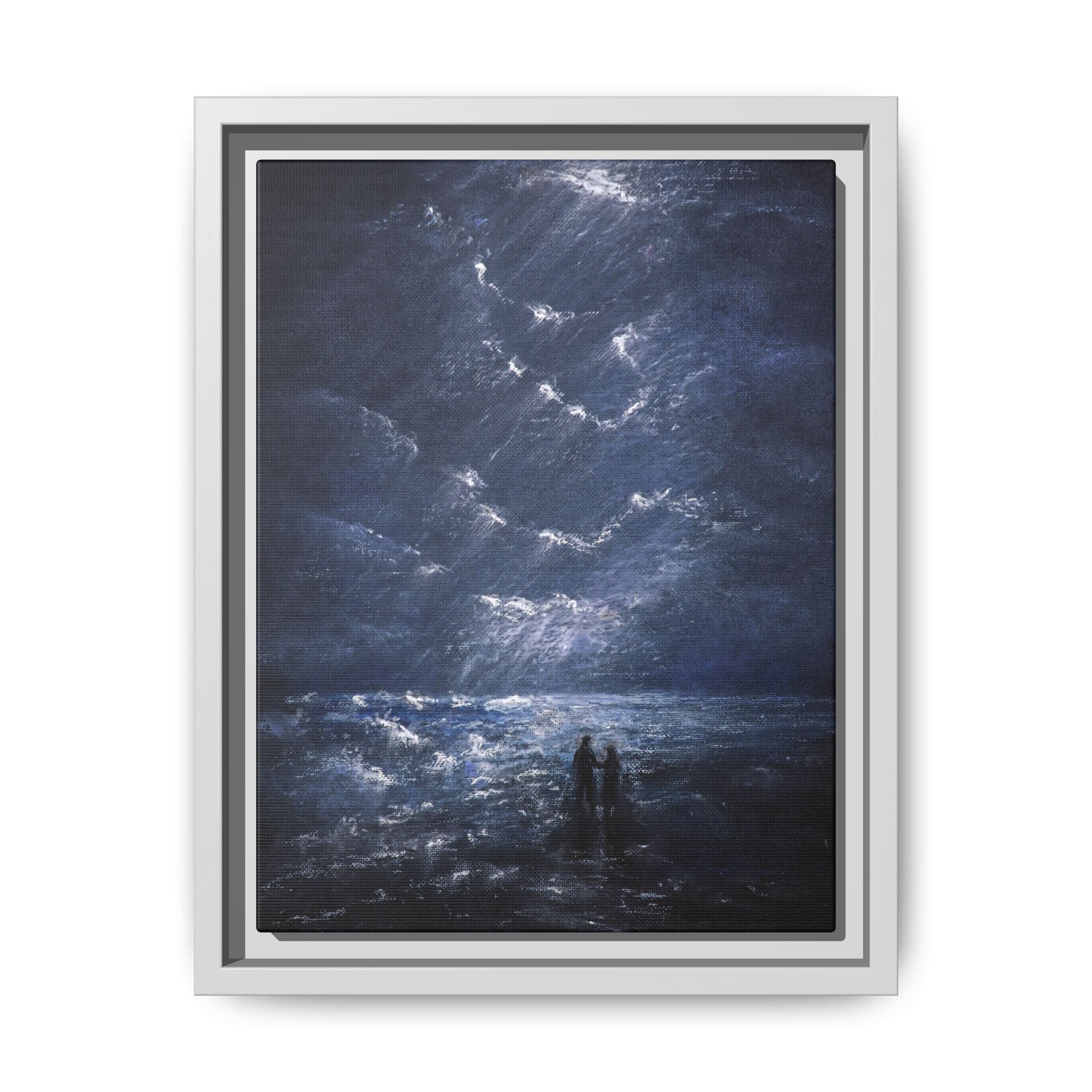 Couple on Shore at Night - Framed Canvas Art