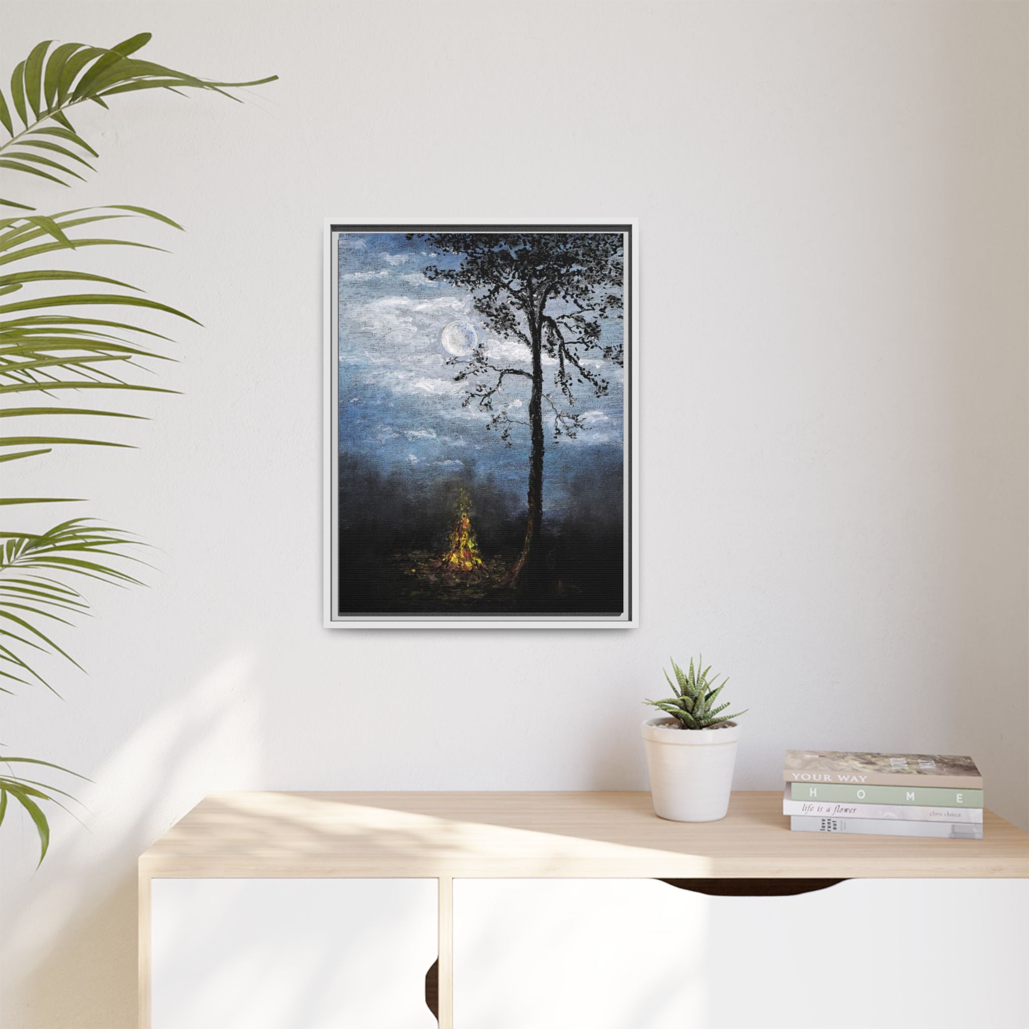 Framed Matte Canvas Print — Moonlit Campfire Landscape