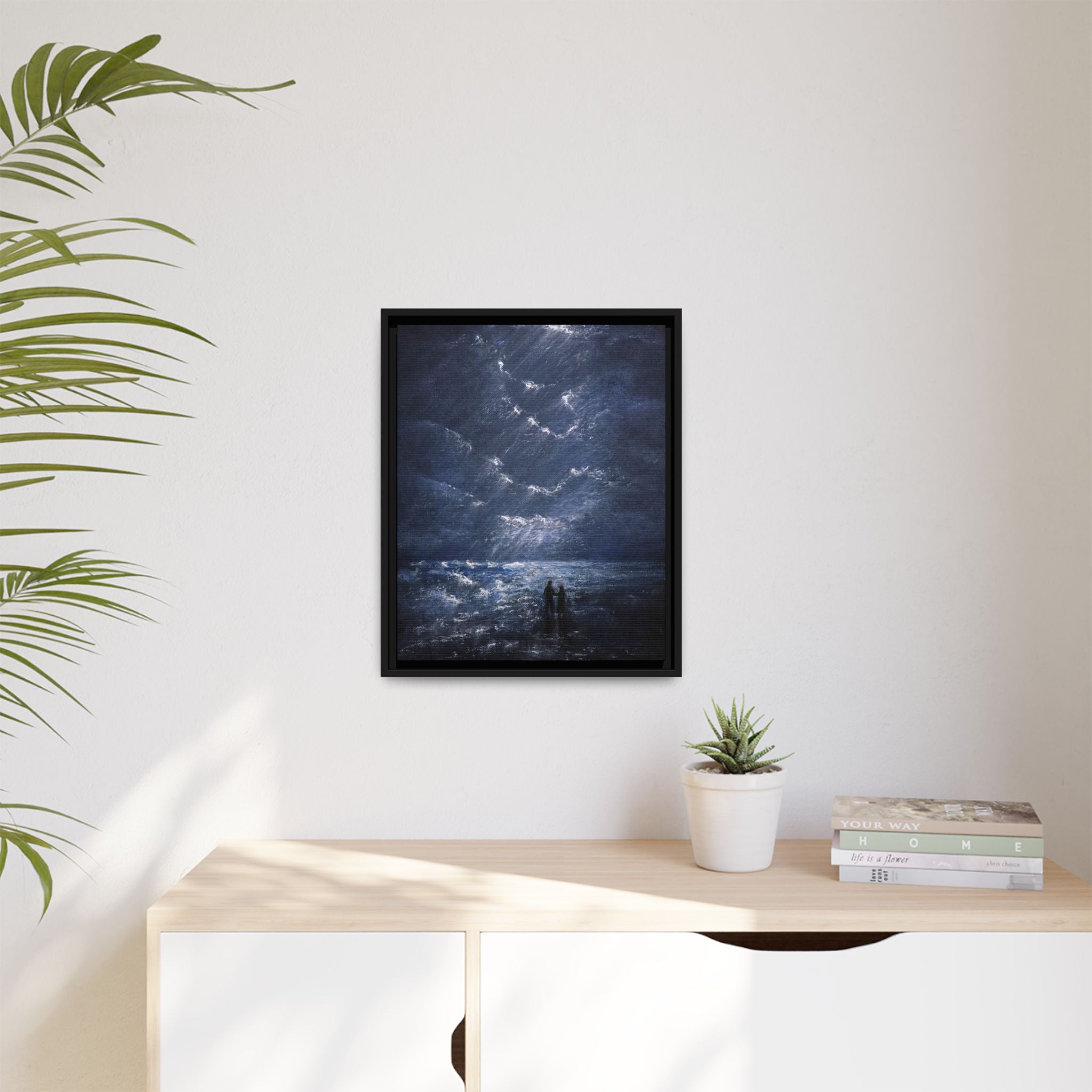 Couple on Shore at Night - Framed Canvas Art