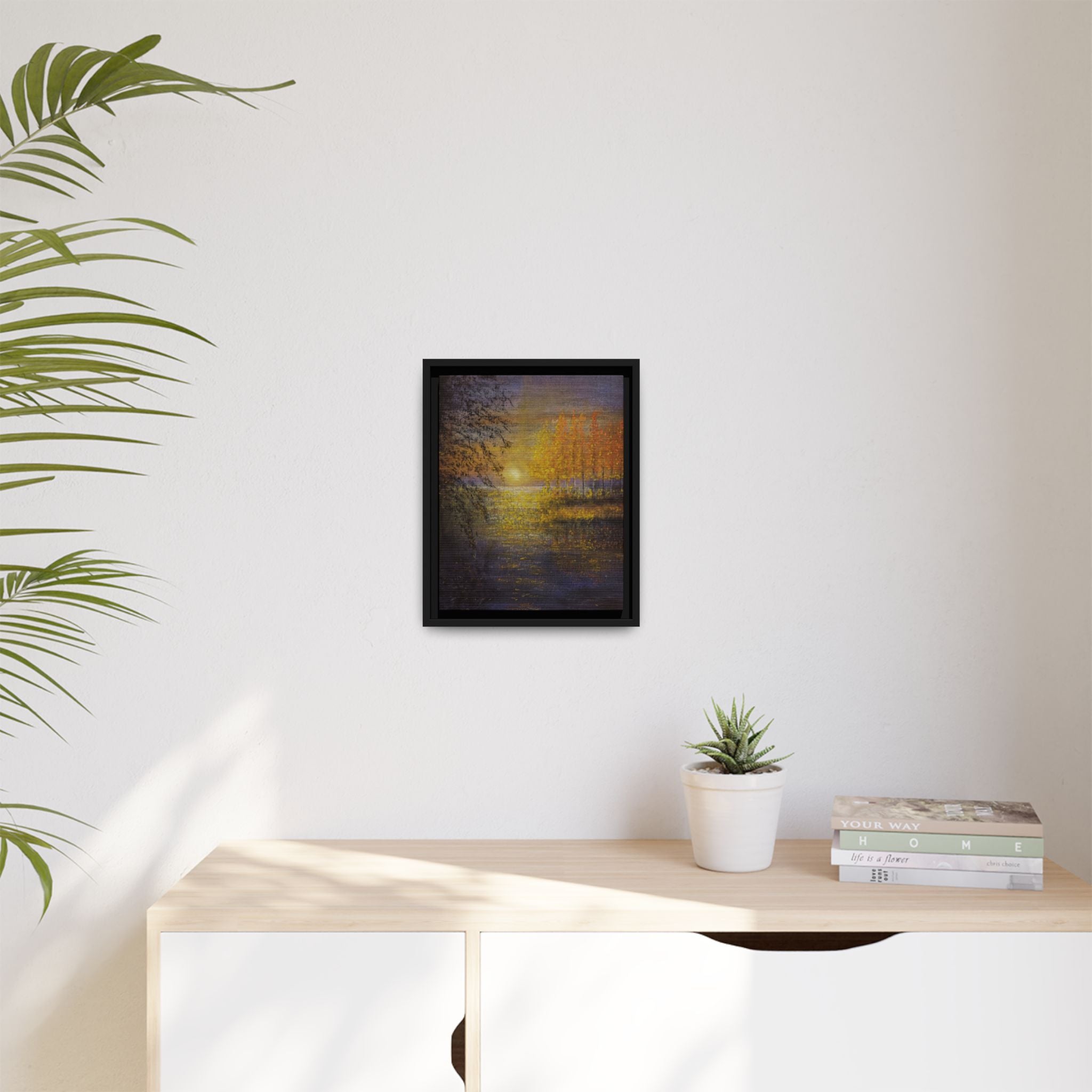 Framed Matte Canvas Painting - Golden Trees Over Tranquil Lake