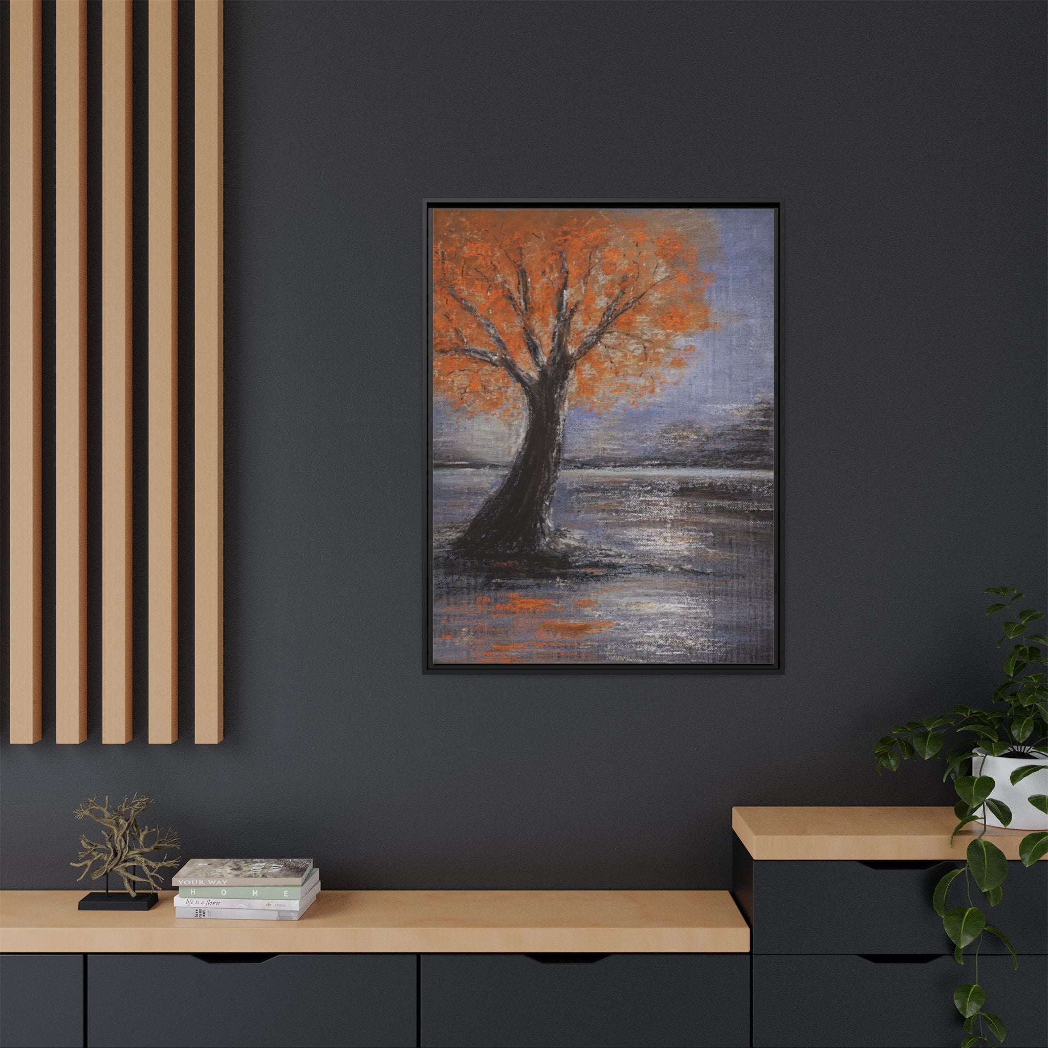 Framed Autumn Tree Canvas Print — Orange Tree Landscape Wall Art