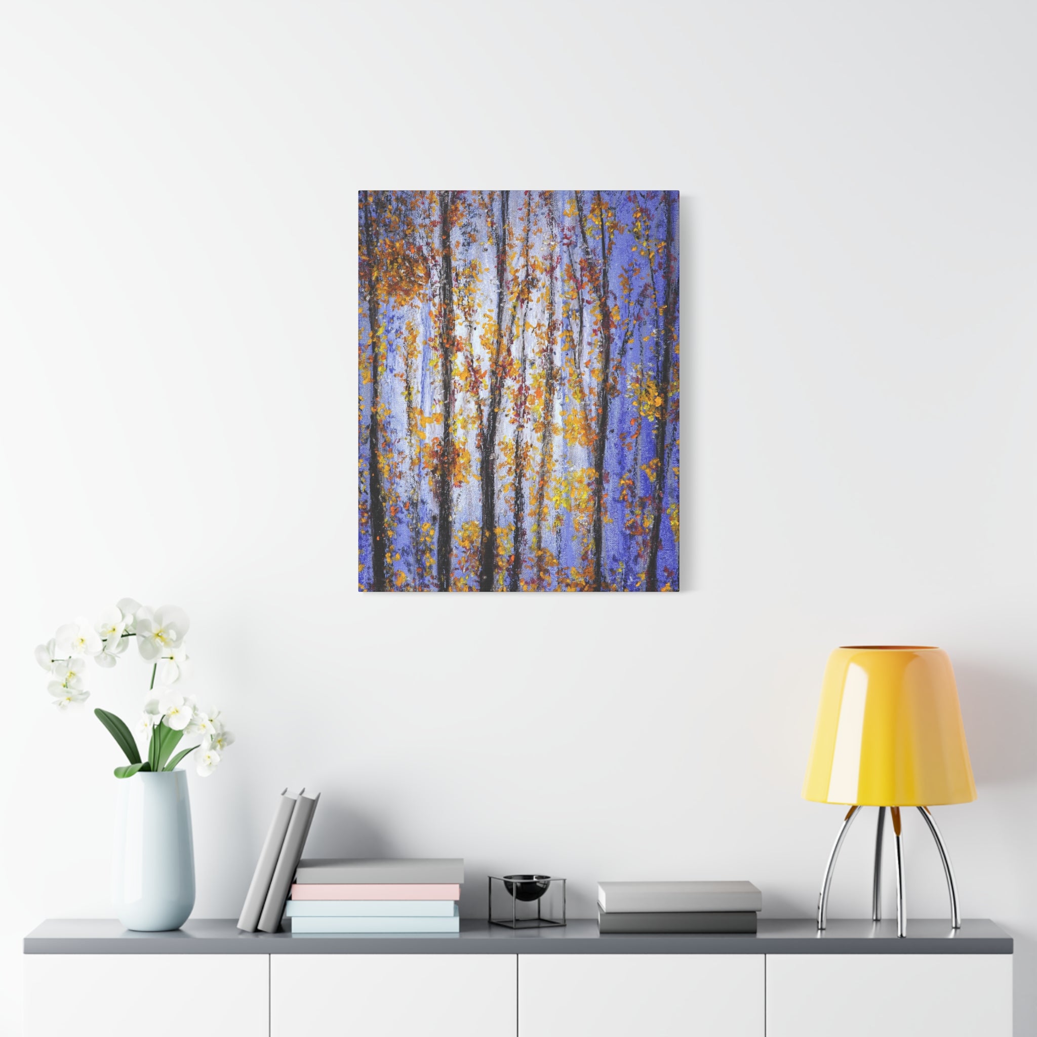 Autumn Aspens Matte Stretched Canvas – Purple & Gold Forest Wall Art (1.25")