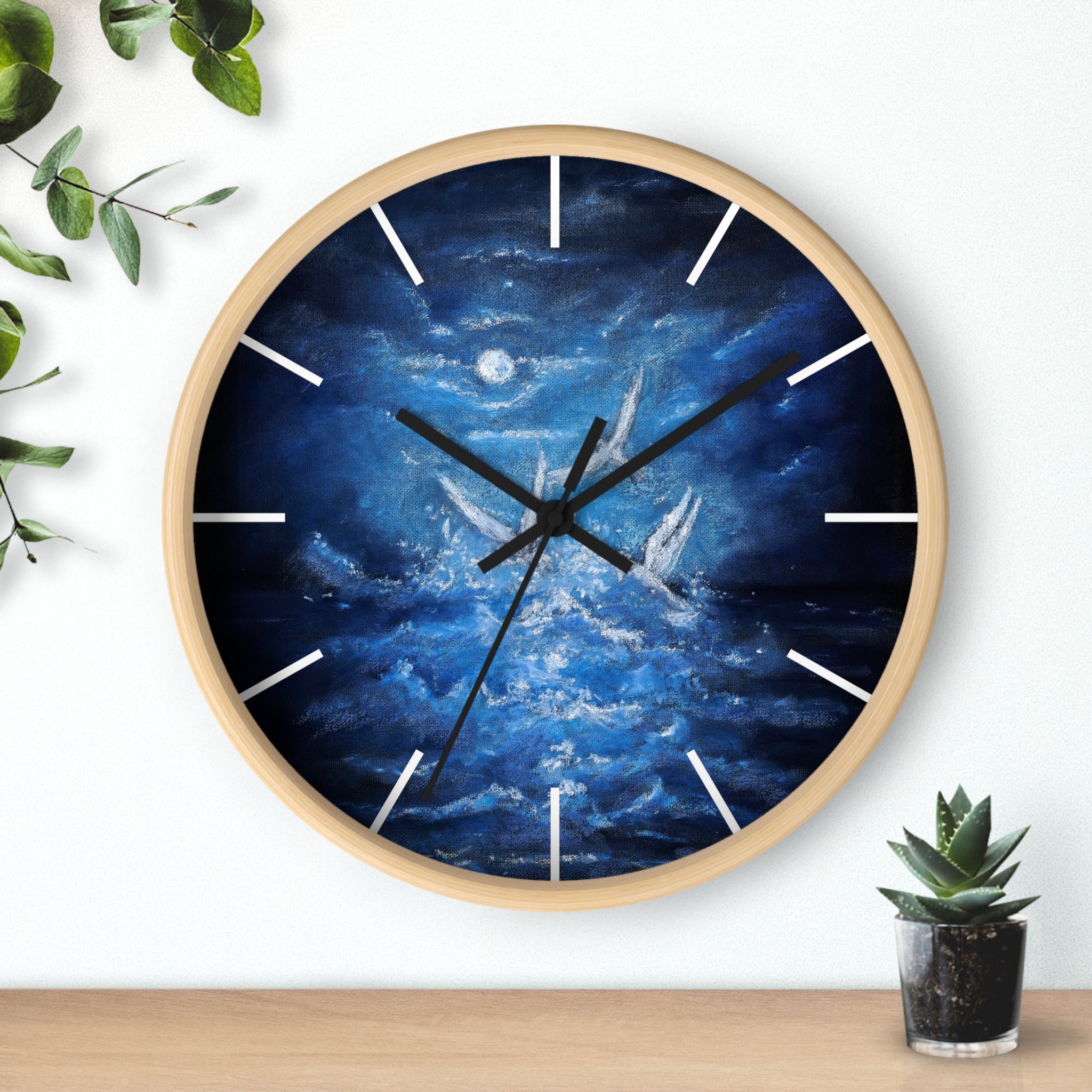 Blue Ocean Birds Wall Clock – Moonlit Sea White Birds Art