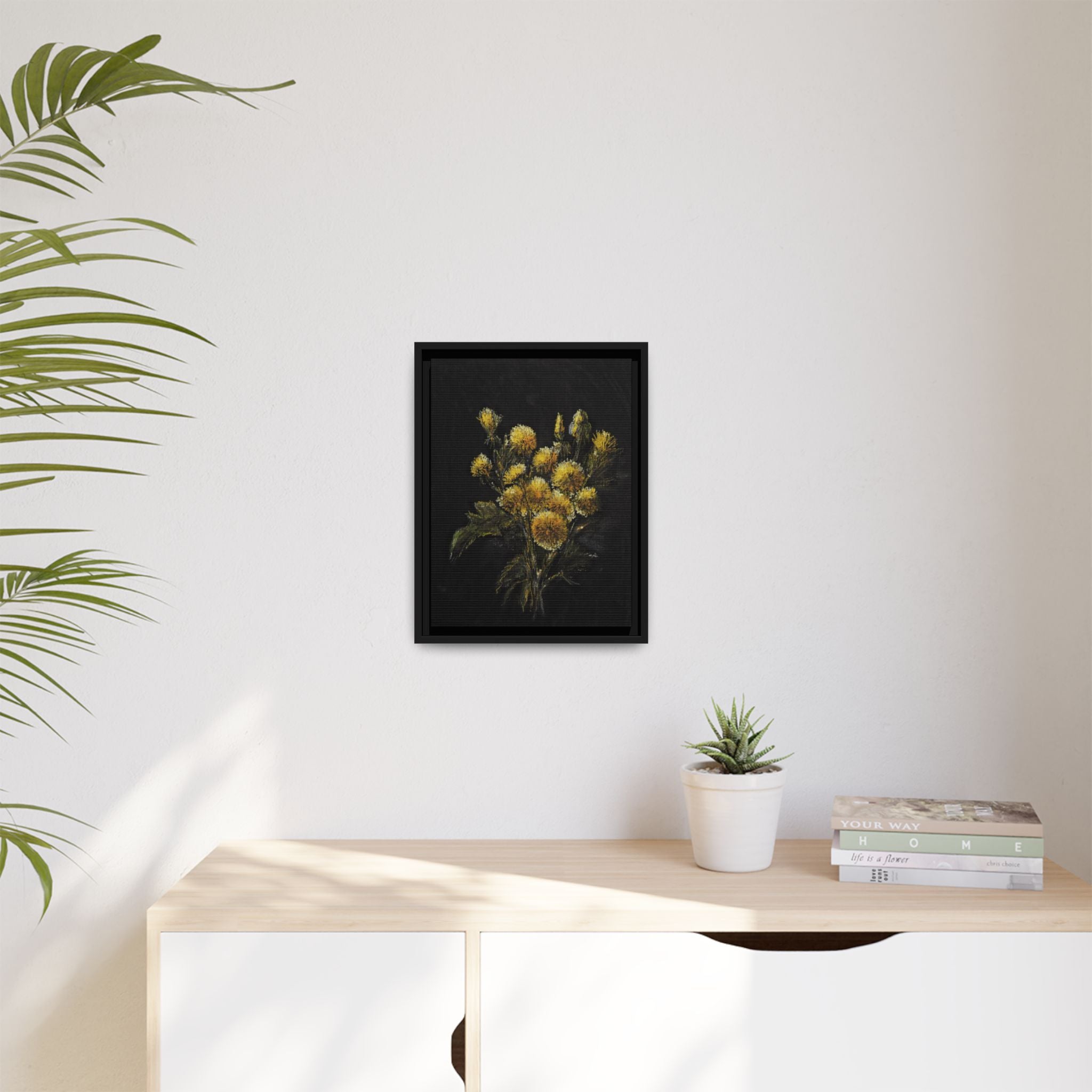 Framed Matte Canvas Print — Yellow Wildflower Bouquet on Black (Botanical Wall Art)
