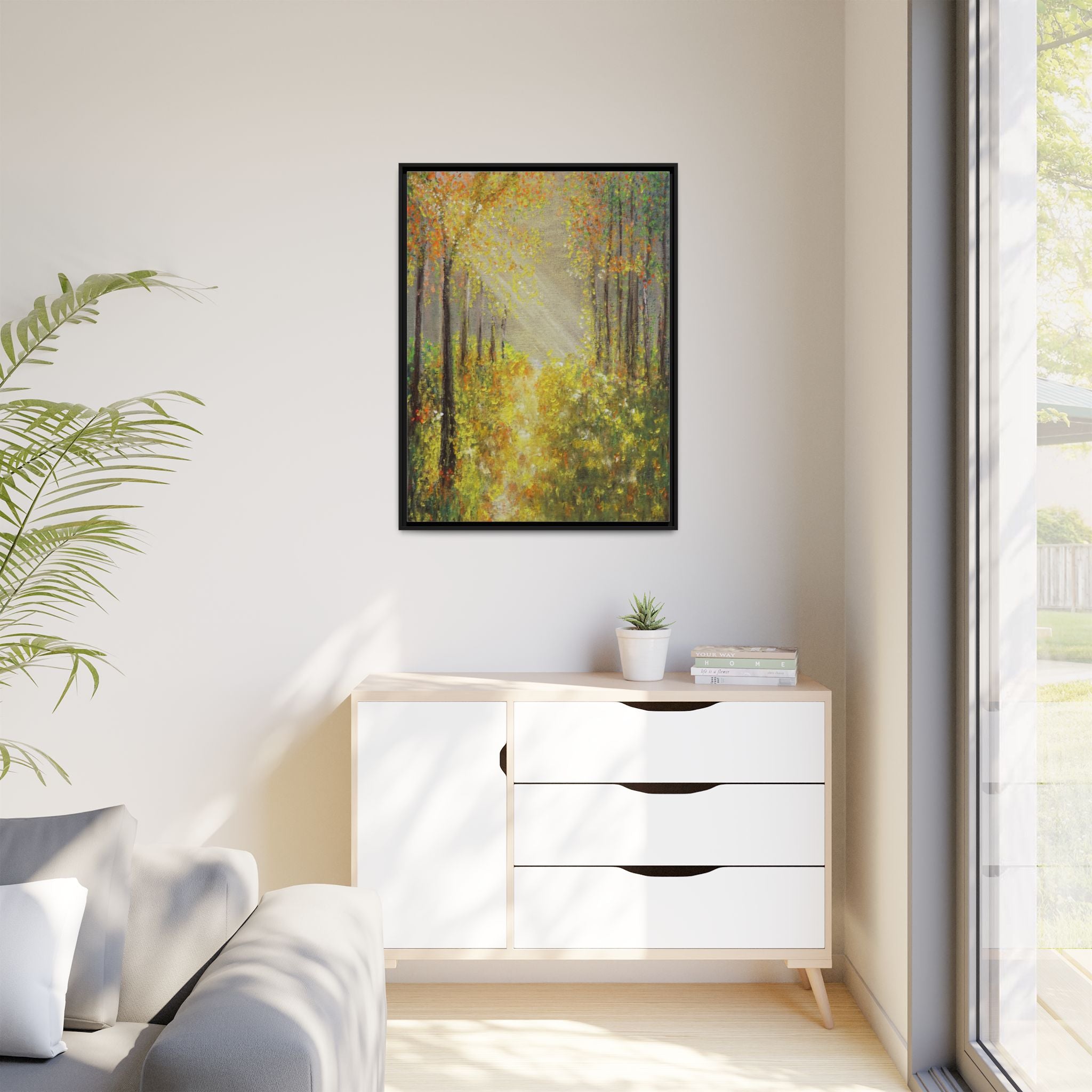 Sunlit Forest Path Framed Canvas Art — Autumn Woodland Wall Decor