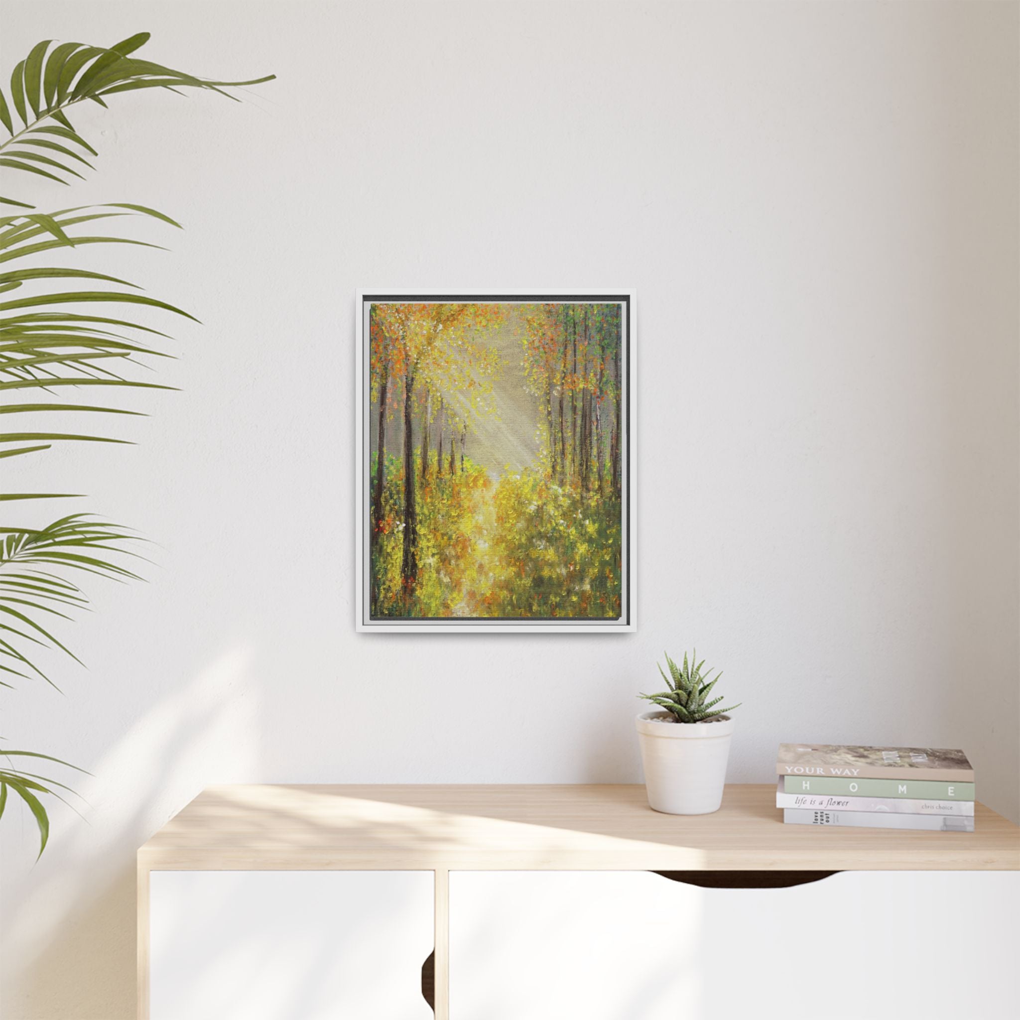 Sunlit Forest Path Framed Canvas Art — Autumn Woodland Wall Decor