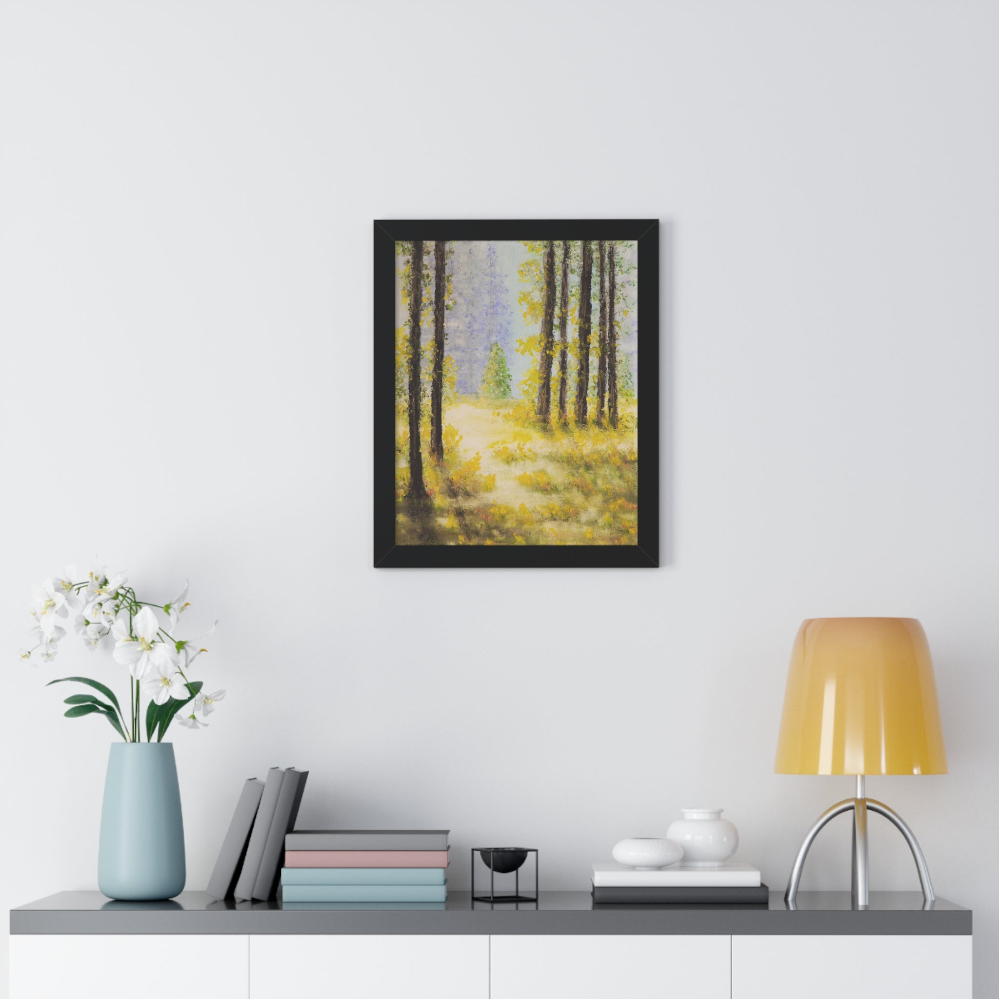Framed Poster — Serene Sunlit Forest Painting