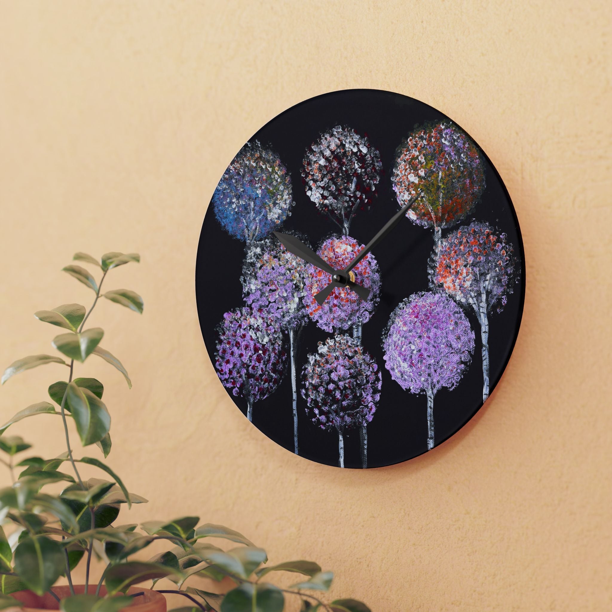 Acrylic Wall Clock — Pastel Allium Floral Design on Black