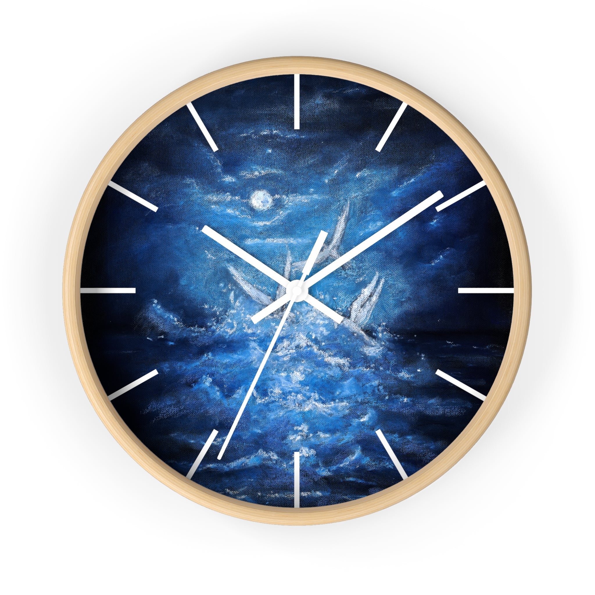 Blue Ocean Birds Wall Clock – Moonlit Sea White Birds Art