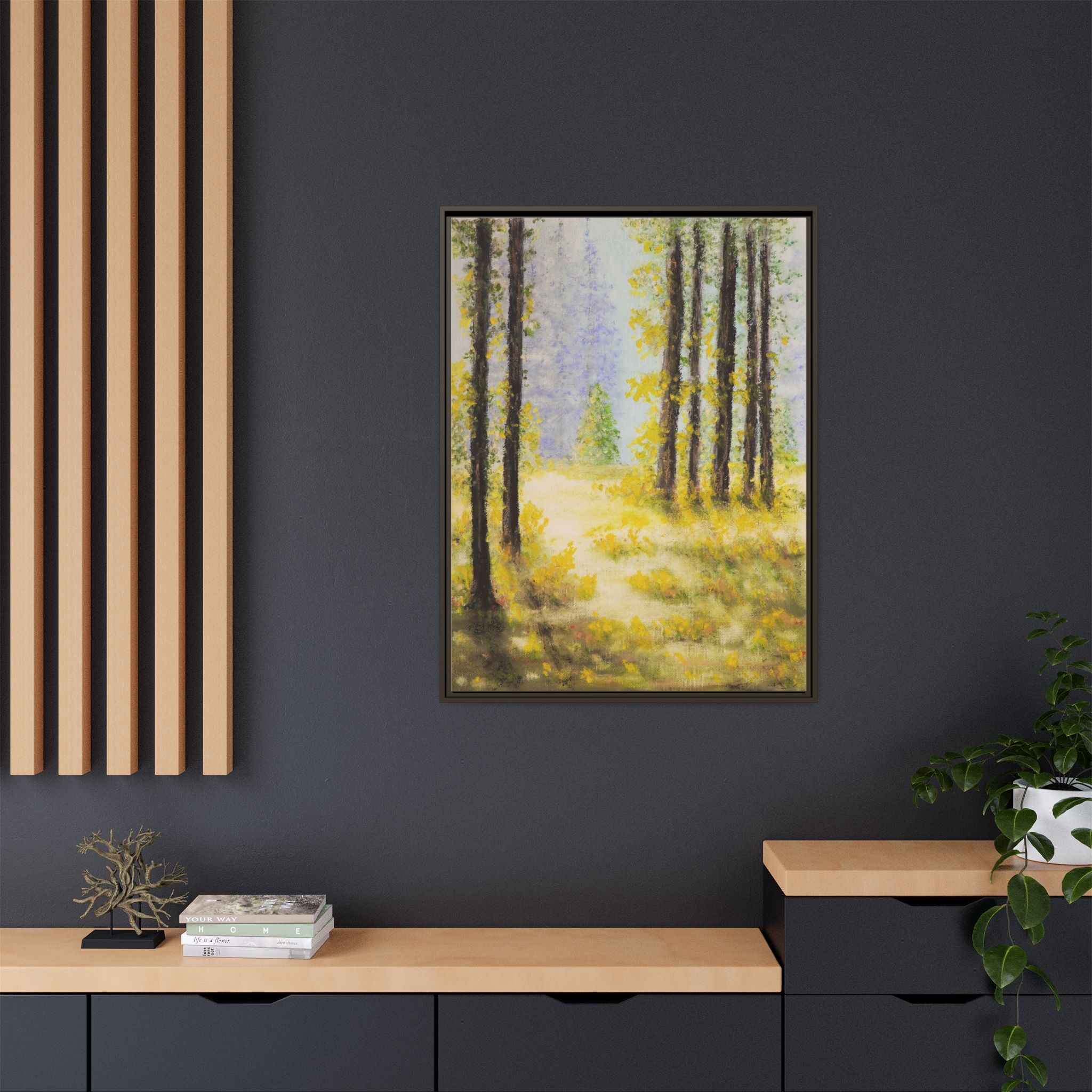 Framed Matte Canvas Print — Sunlit Forest Landscape Wall Art