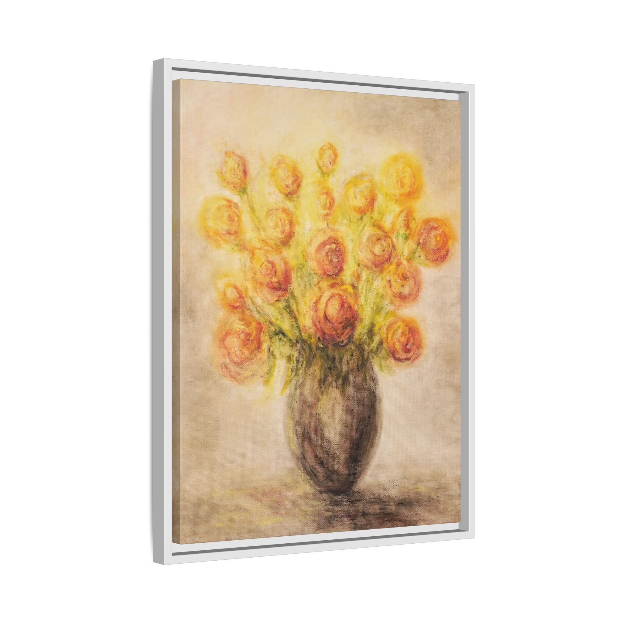 Framed Matte Canvas Floral Bouquet Wall Art — Yellow Rose Vase Print