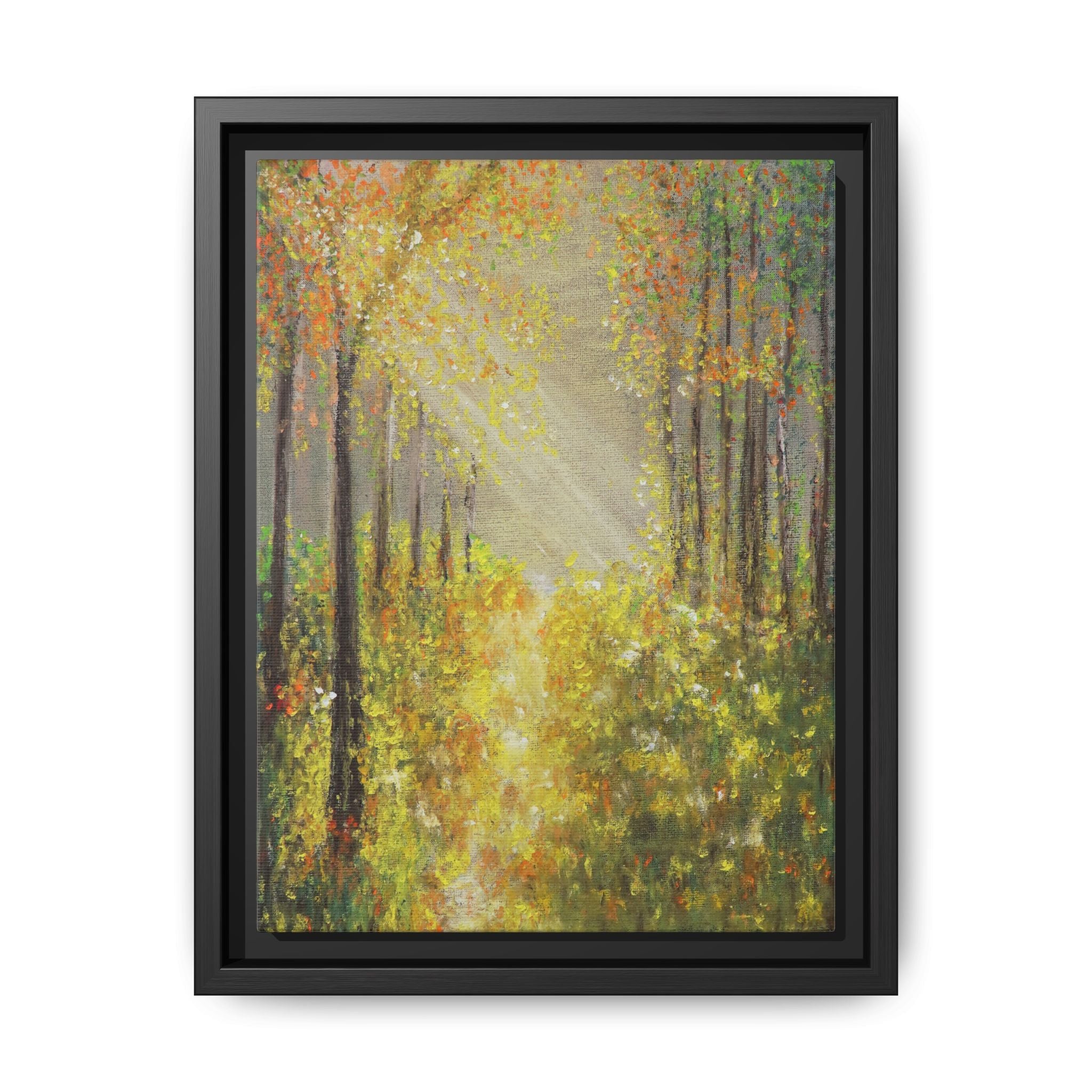Sunlit Forest Path Framed Canvas Art — Autumn Woodland Wall Decor