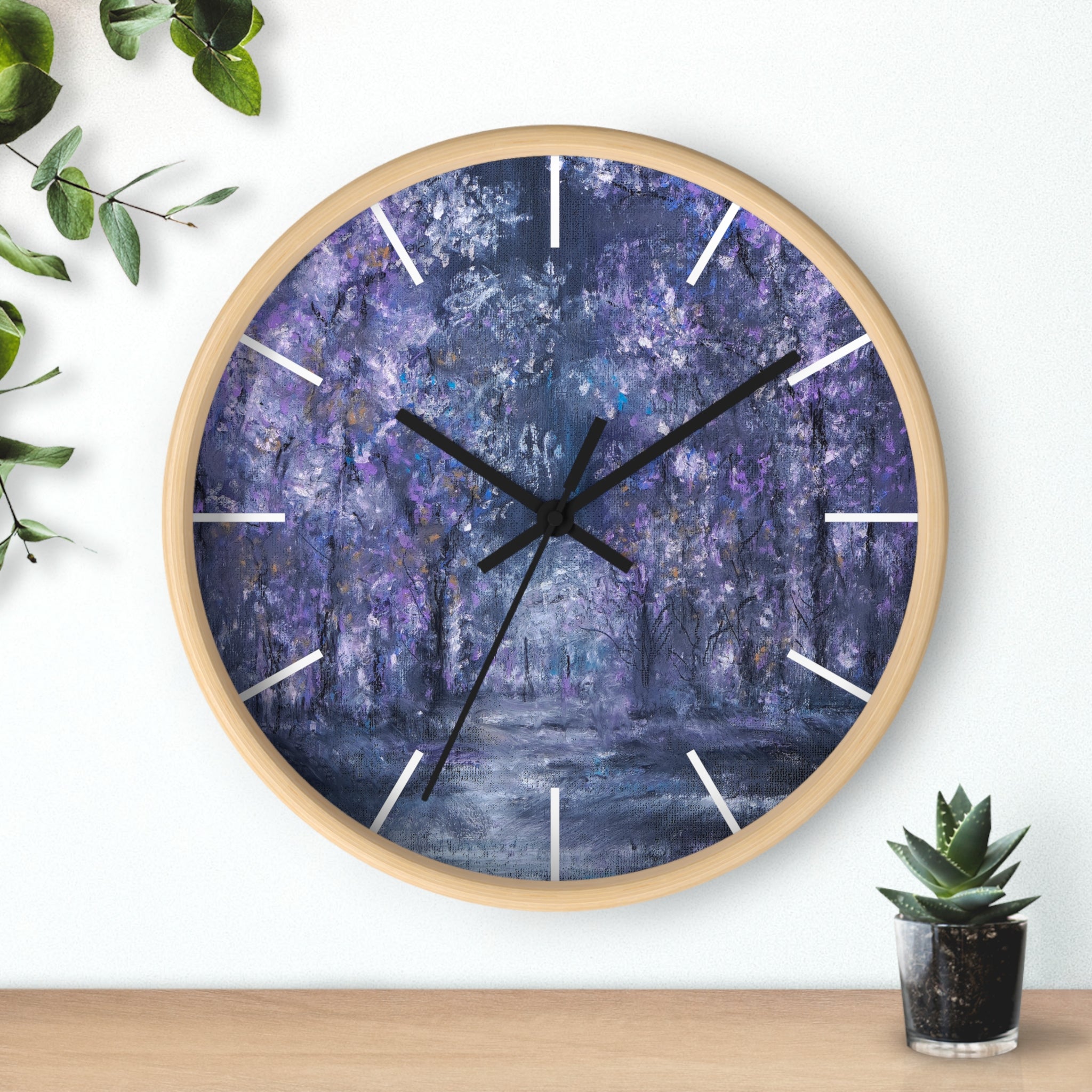 Purple Forest Wall Clock — Dreamy Lavender Tree Landscape Timepiece