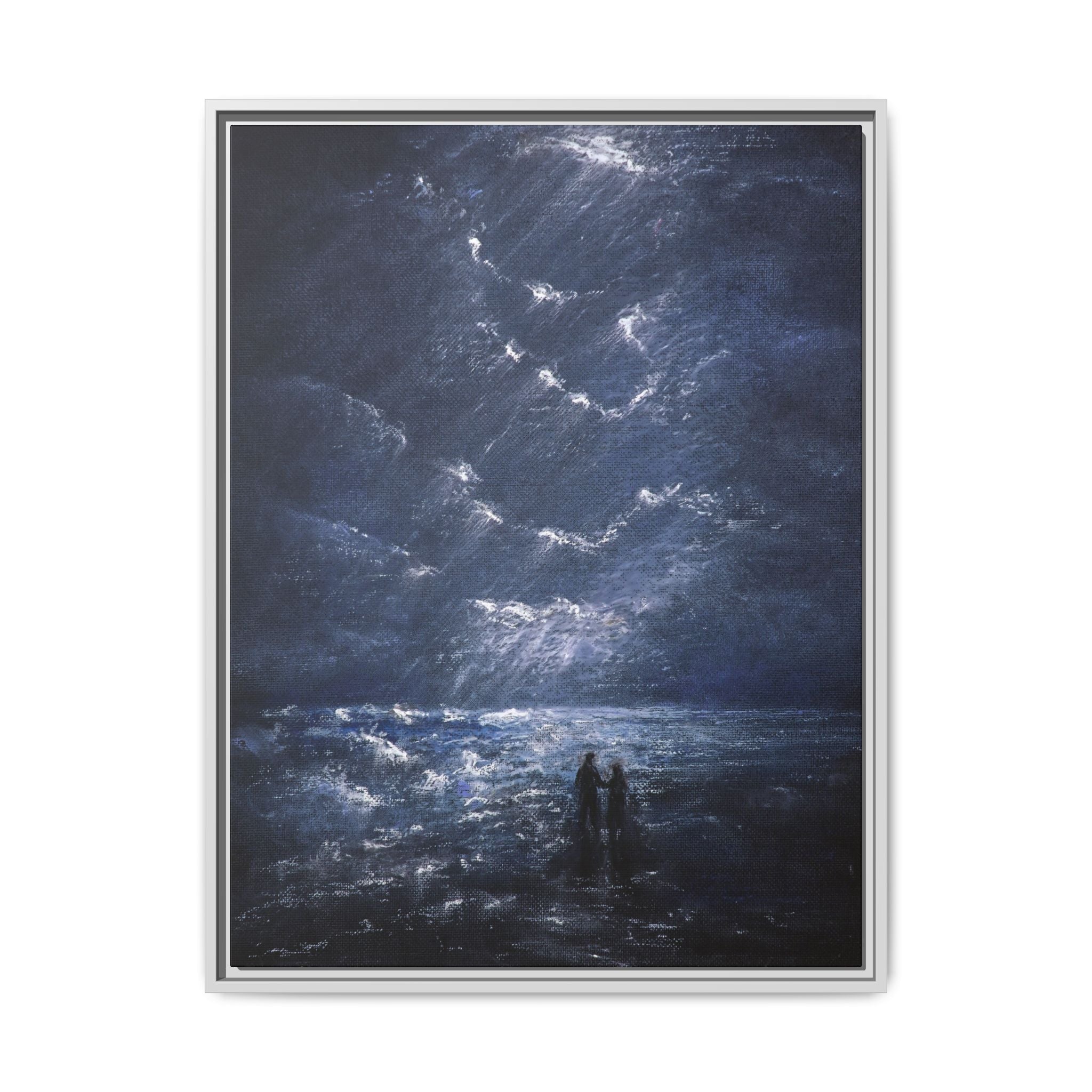 Couple on Shore at Night - Framed Canvas Art