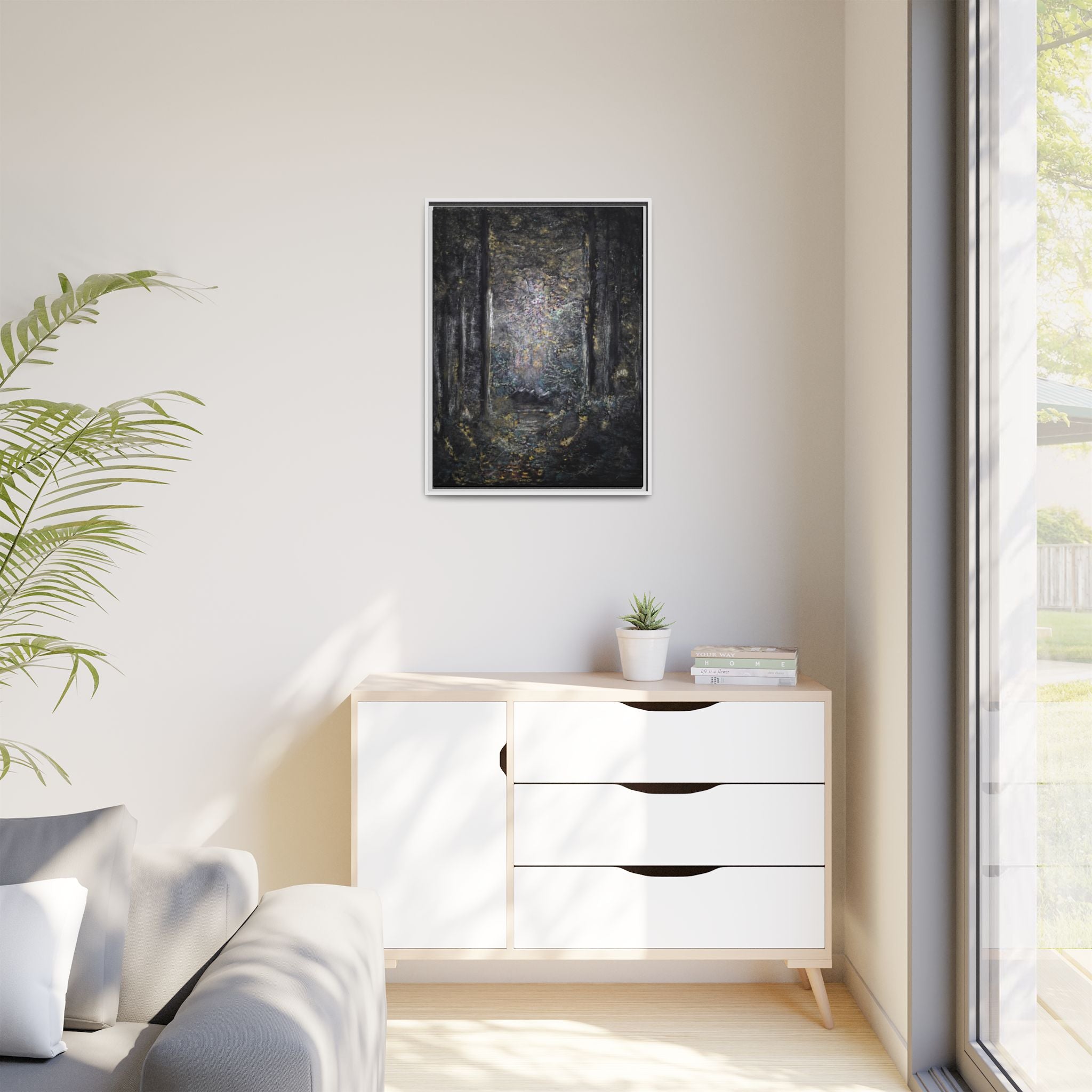 Framed Matte Canvas Forest Painting — Moody Woodland Wall Art