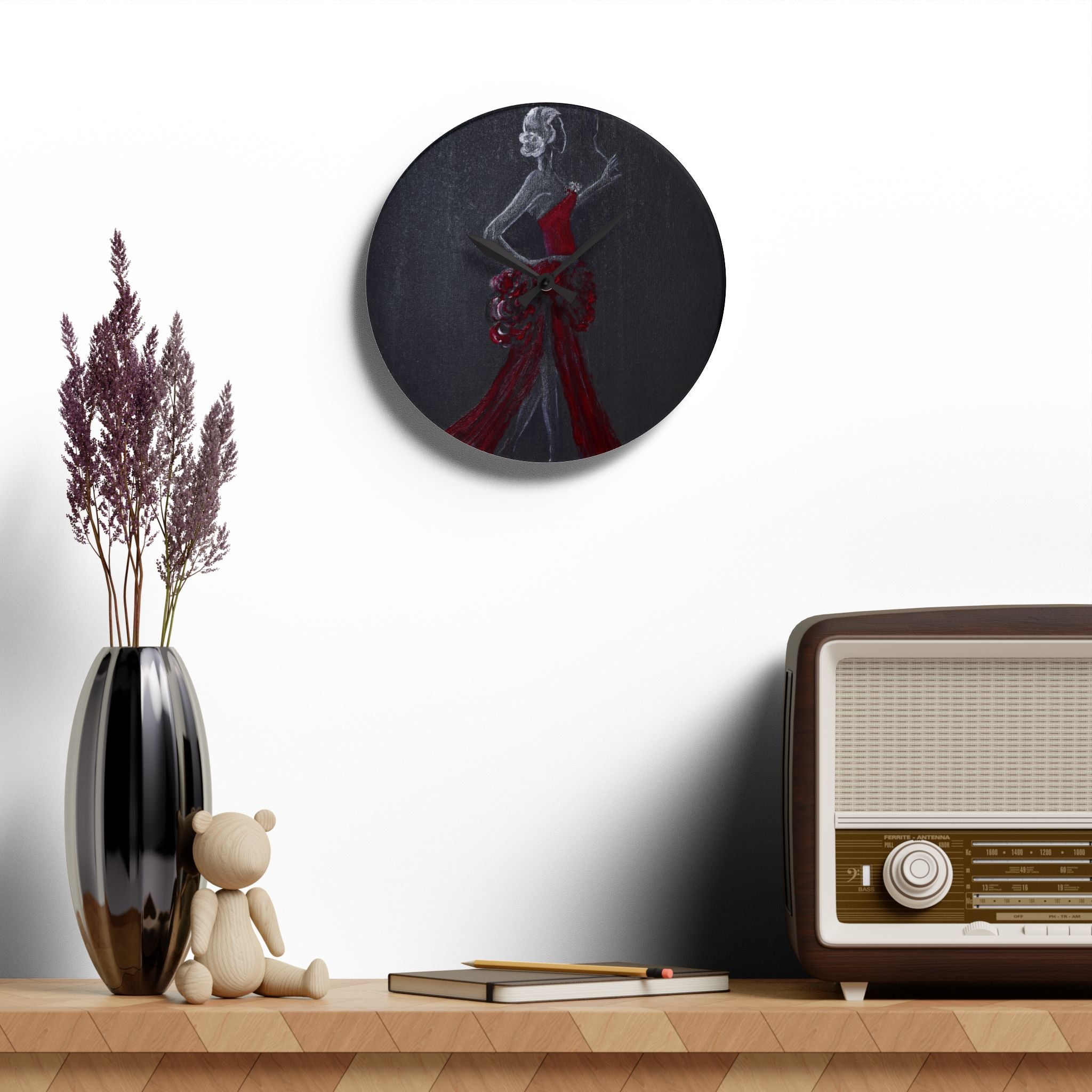 Acrylic Wall Clock — Elegant Woman in Red Dress Art