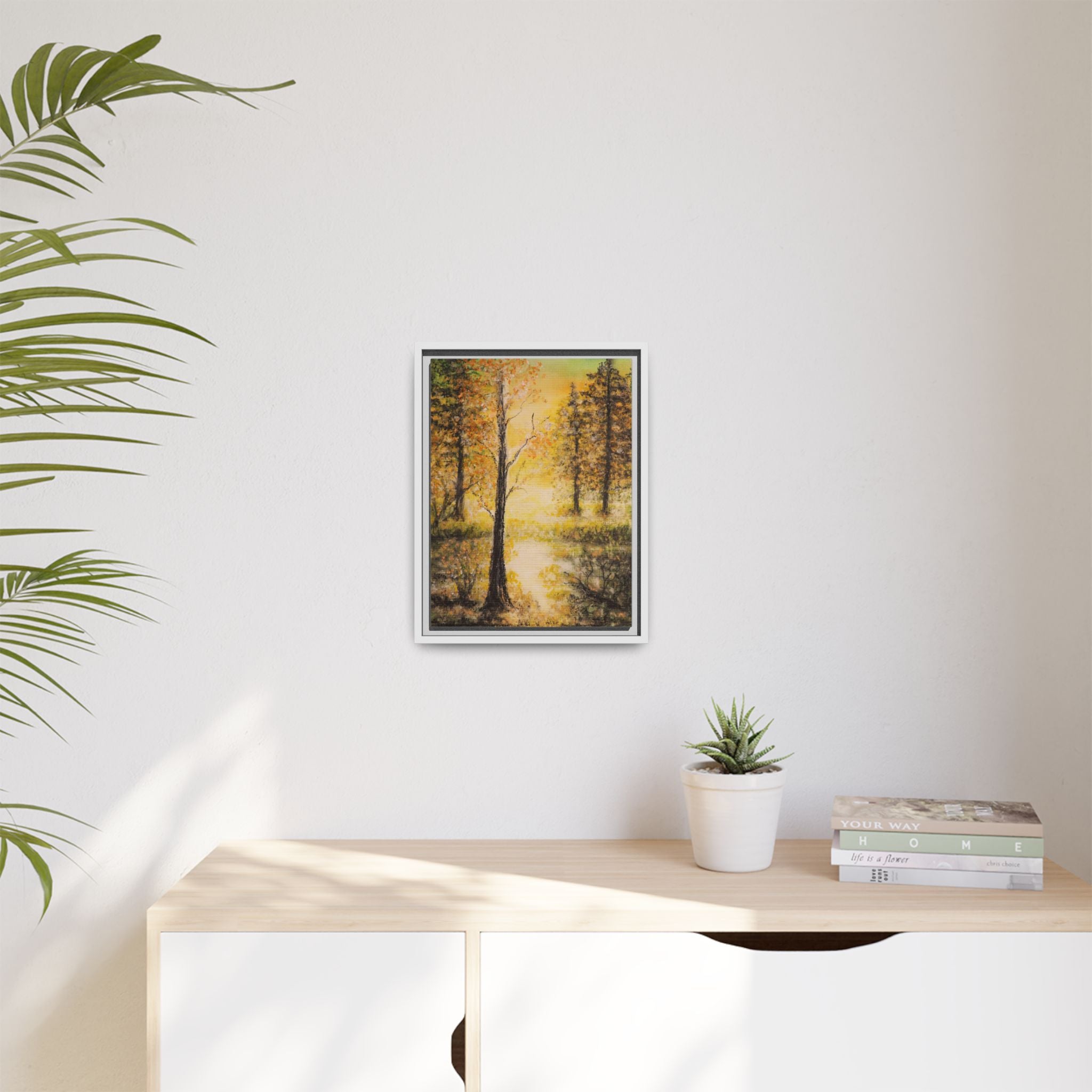 Framed Autumn Forest Canvas Print — Golden Lakeside Wall Art