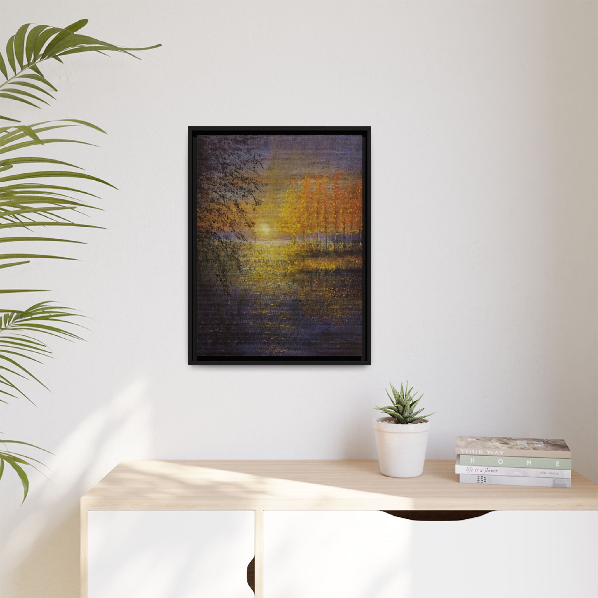 Framed Matte Canvas Painting - Golden Trees Over Tranquil Lake